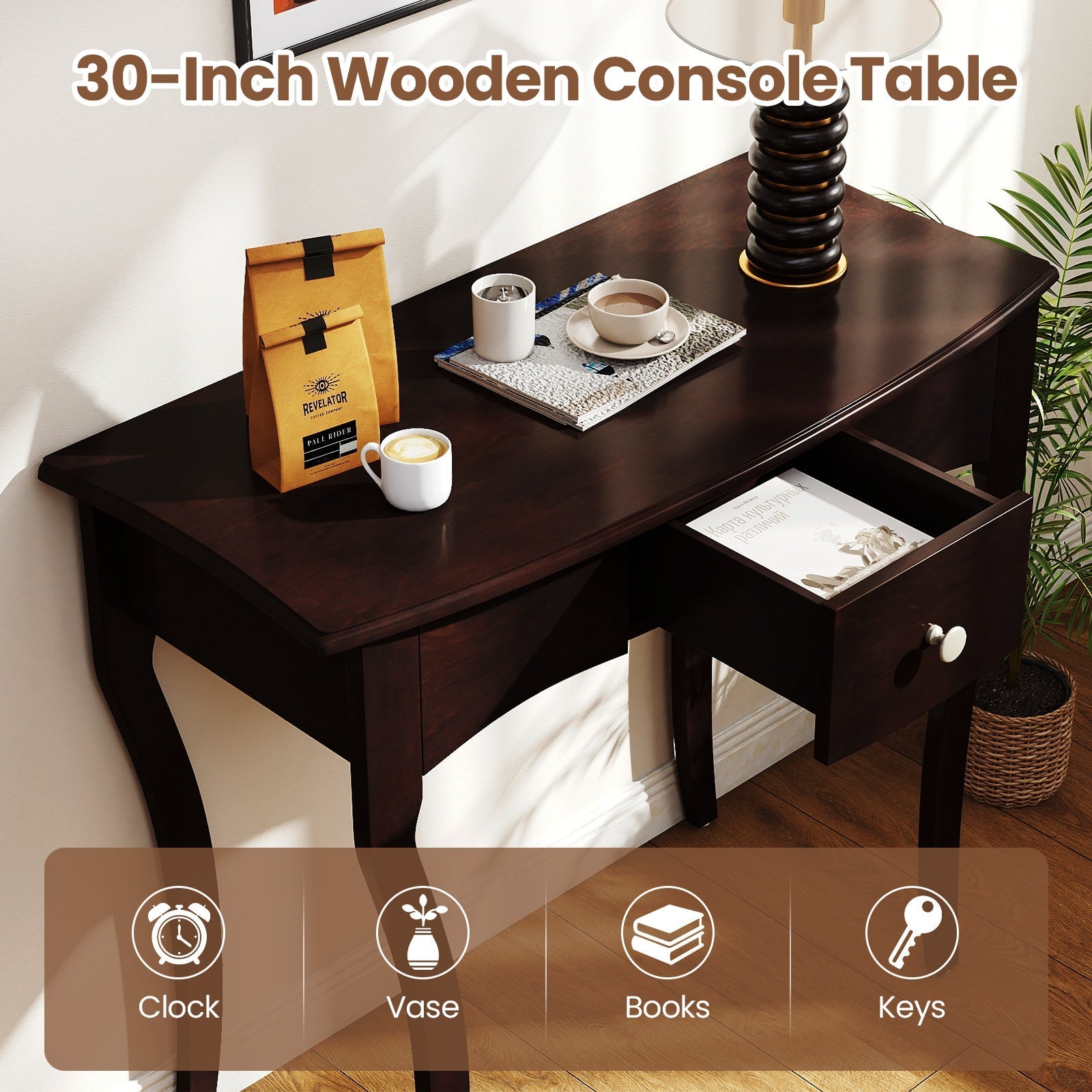 Console Table with Drawer and Solid Wood Frame-Espresso