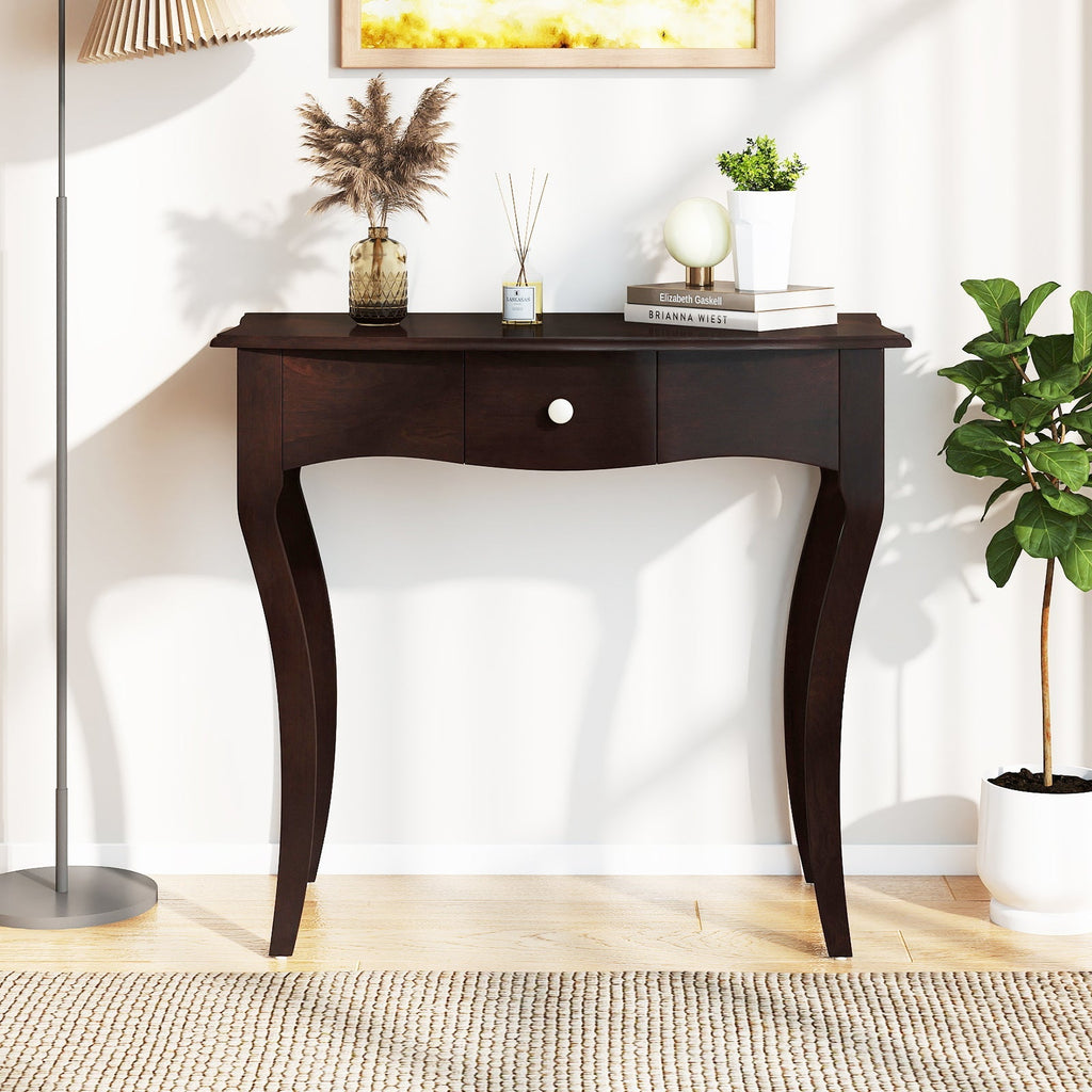 Console Table with Drawer and Solid Wood Frame-Espresso