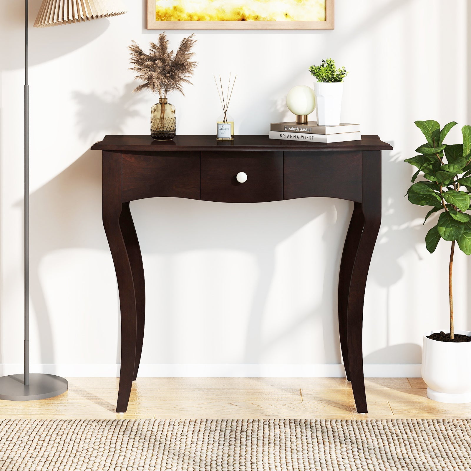 Console Table with Drawer and Solid Wood Frame-Espresso