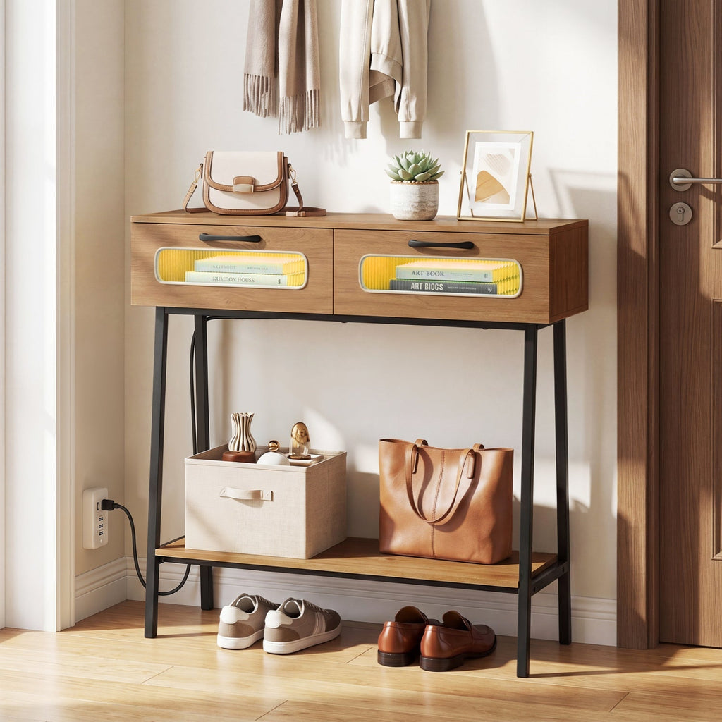 Console Table with LED Lights and Open Shelf - Natural