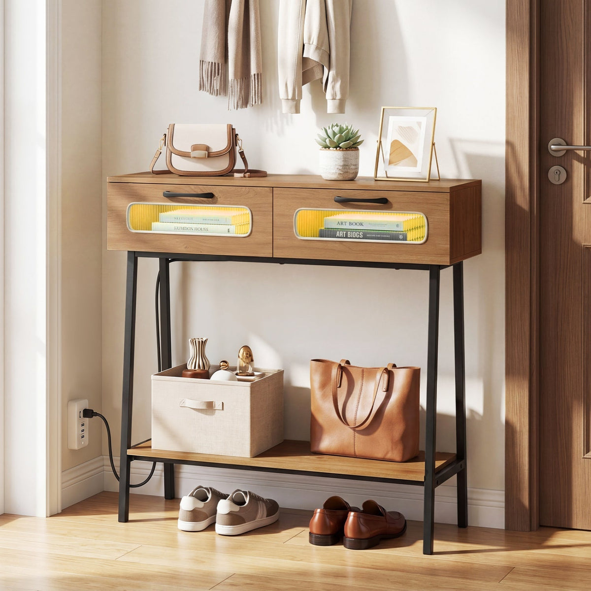 Console Table with LED Lights and Open Shelf - Natural