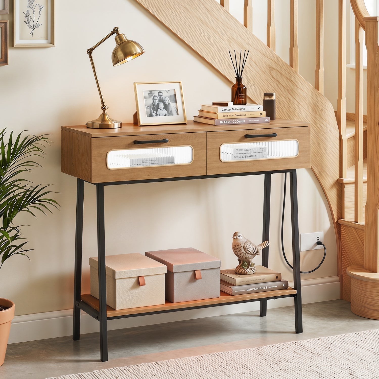 Console Table with LED Lights and Open Shelf - Natural