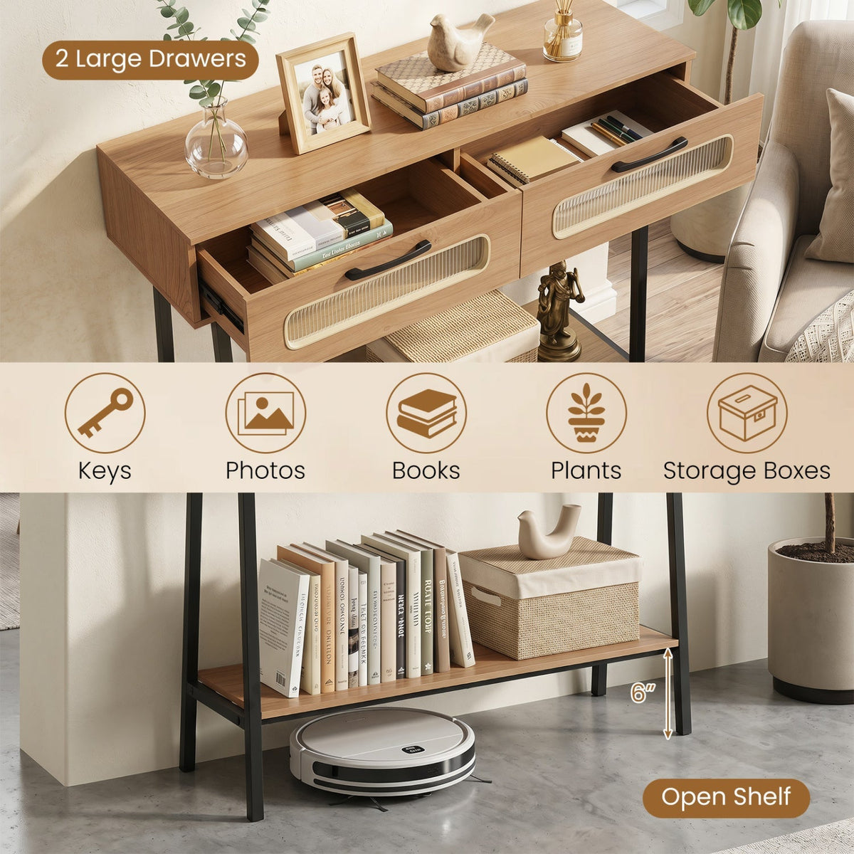 Console Table with LED Lights and Open Shelf - Natural