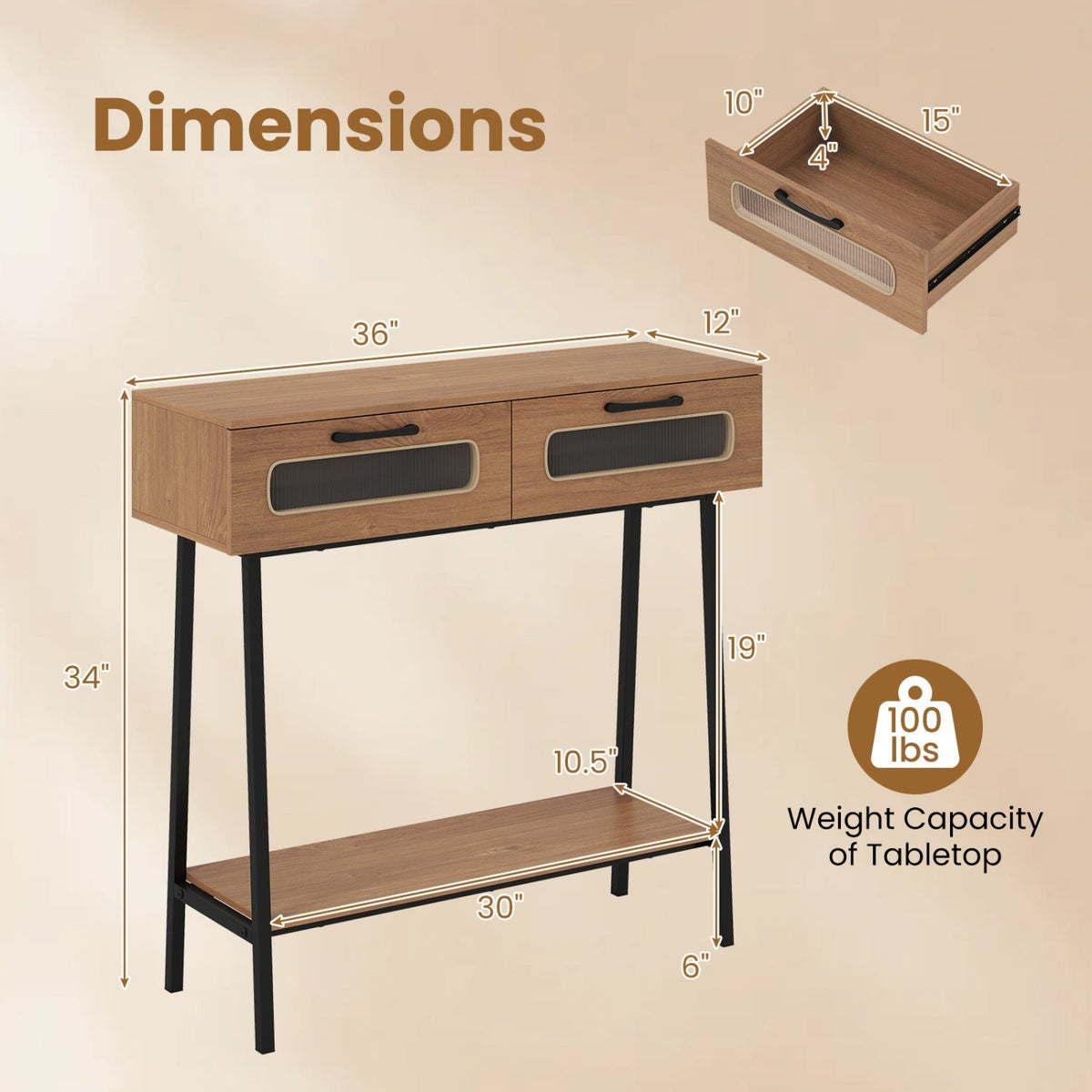 Console Table with LED Lights and Open Shelf - Natural