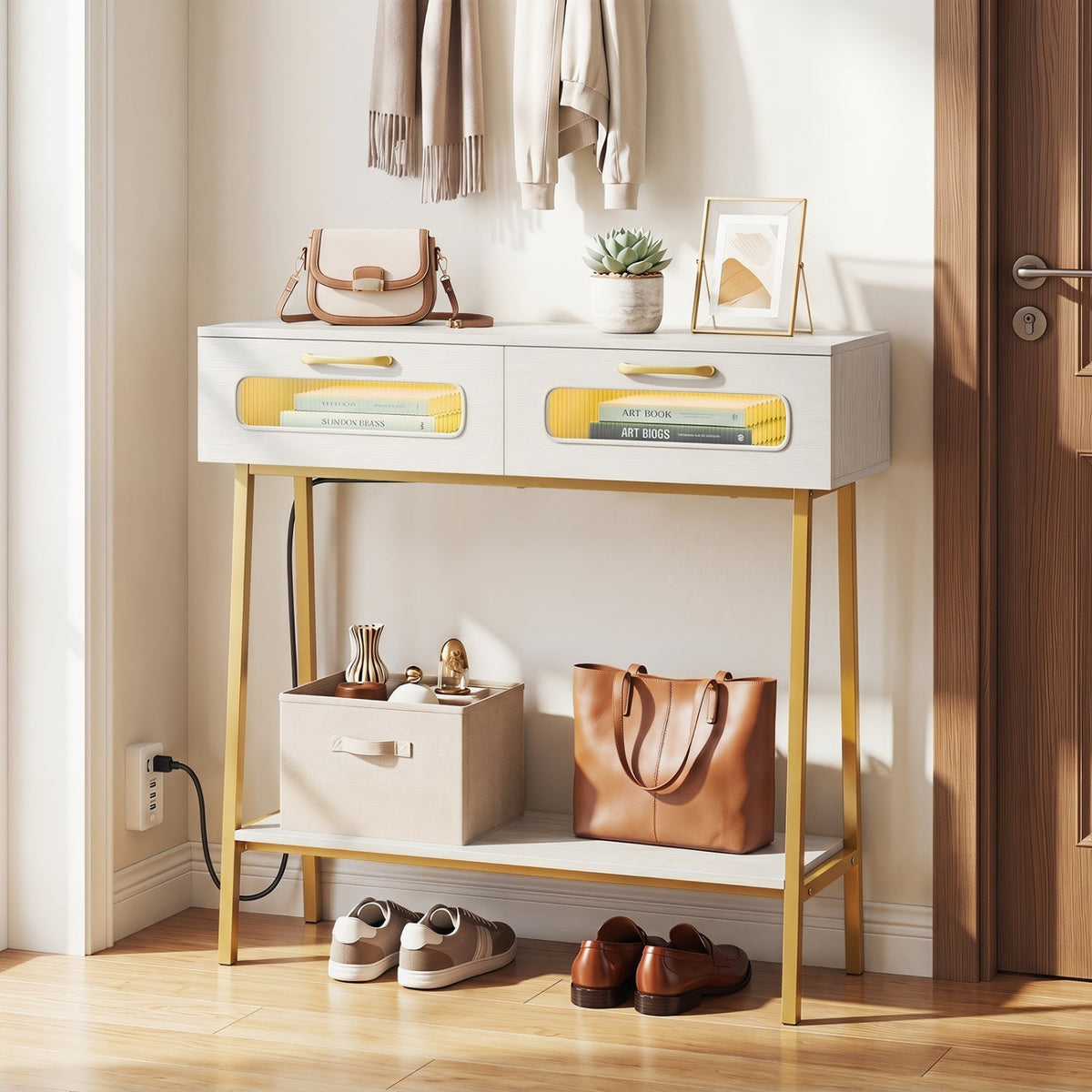 Console Table with LED Lights and Open Shelf - White & Gold