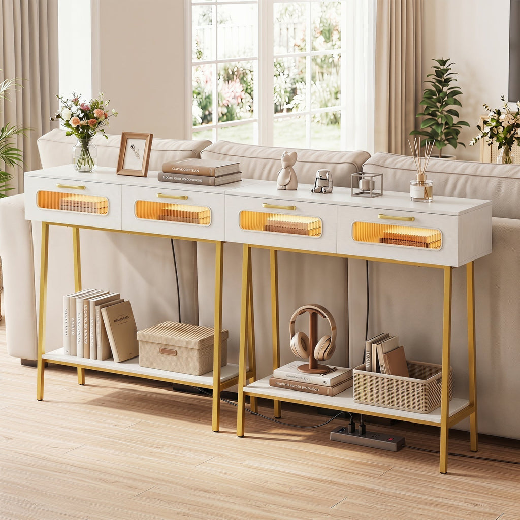 Console Table with LED Lights and Open Shelf - White & Gold