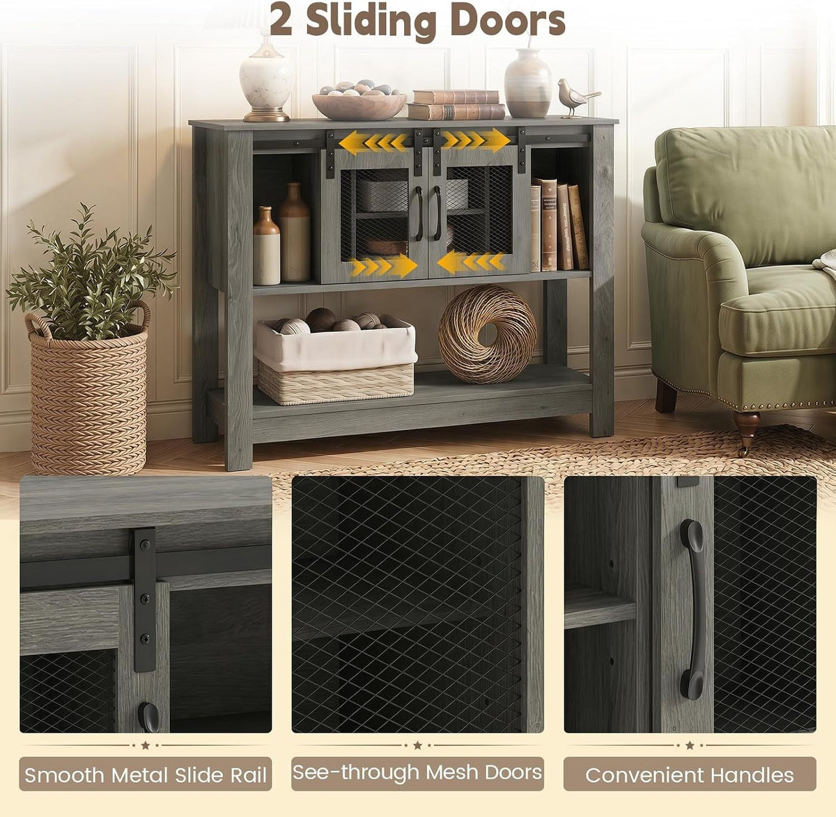 Console Table with Sliding Barn Doors and Storage - Gray