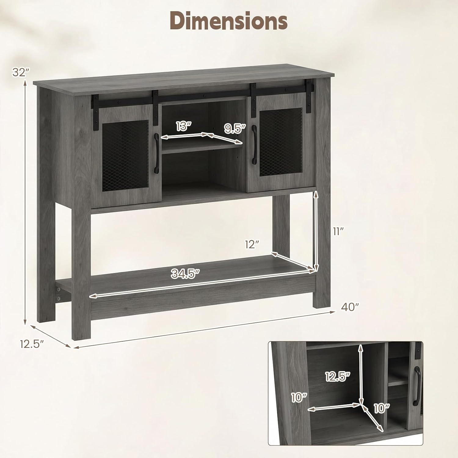Console Table with Sliding Barn Doors and Storage - Gray