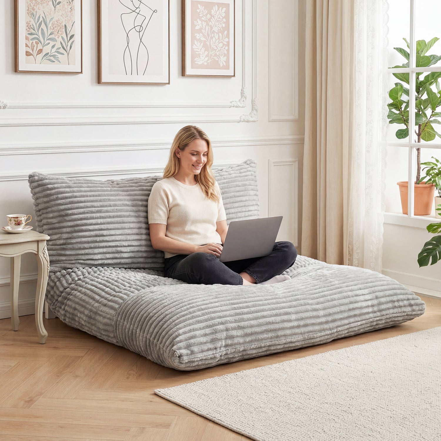 Convertible Bean Bag Floor Sofa with Washable Corduroy Cover