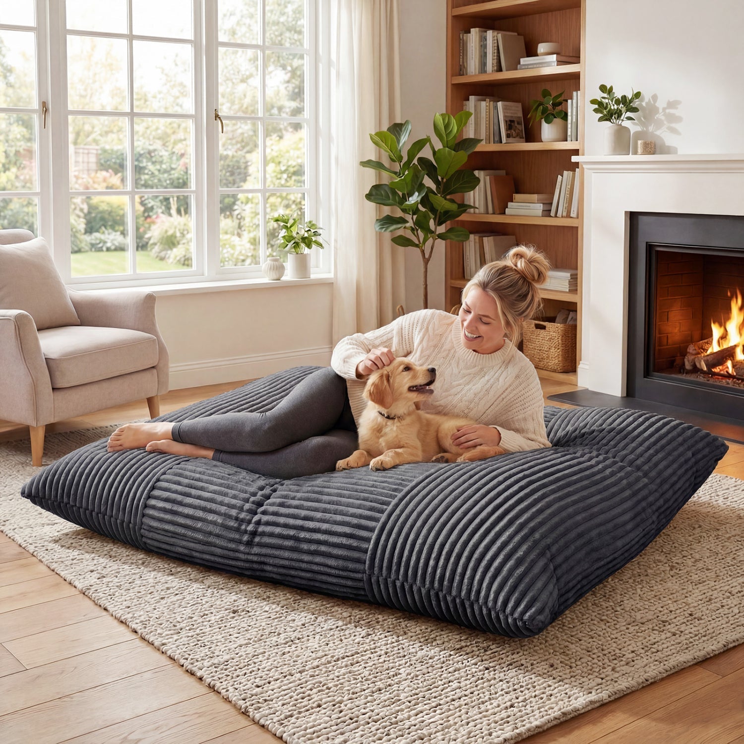 Convertible Bean Bag Floor Sofa with Washable Corduroy Cover