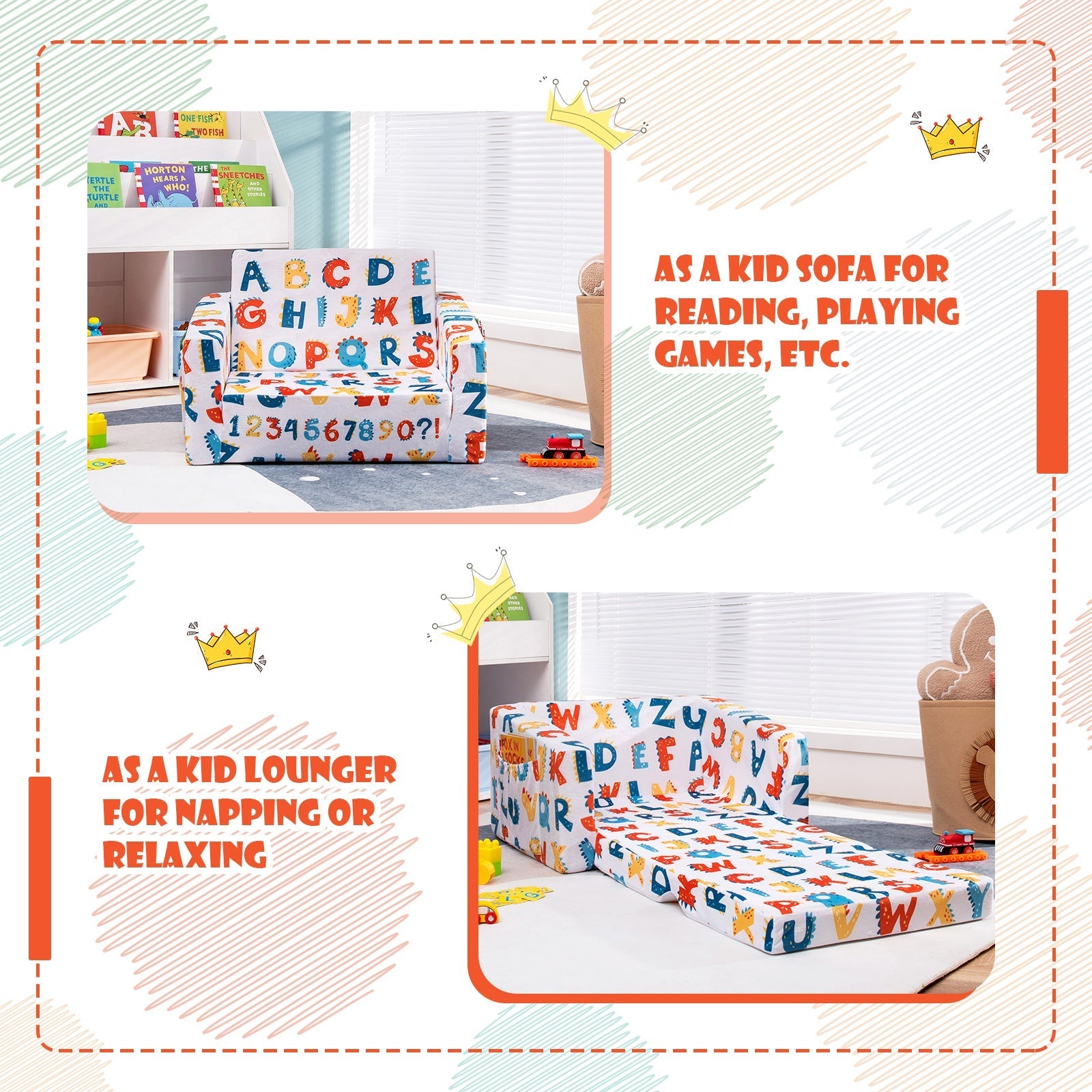 2-in-1 Convertible Kids Sofa with Velvet Fabric