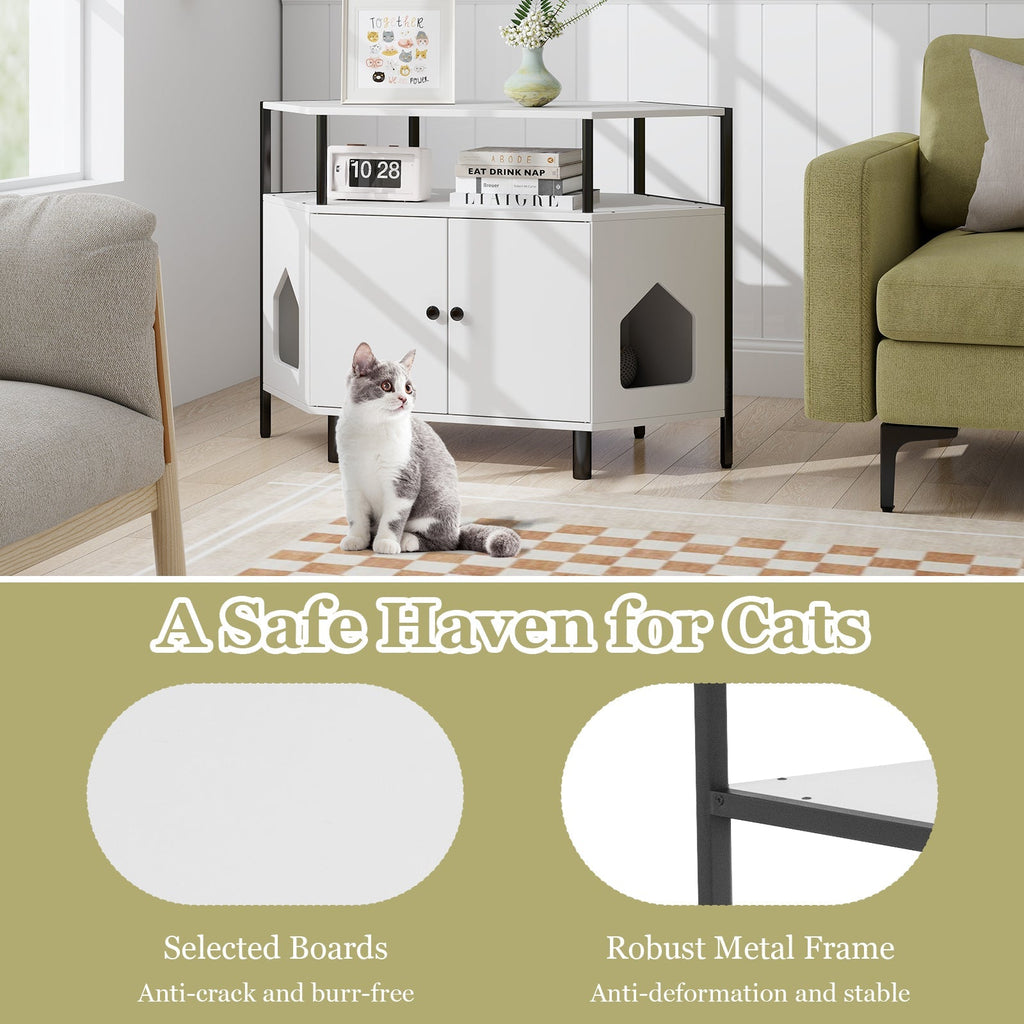 Corner Cat Litter Box Enclosure with Open Shelf 2 Entrances and Metal Legs