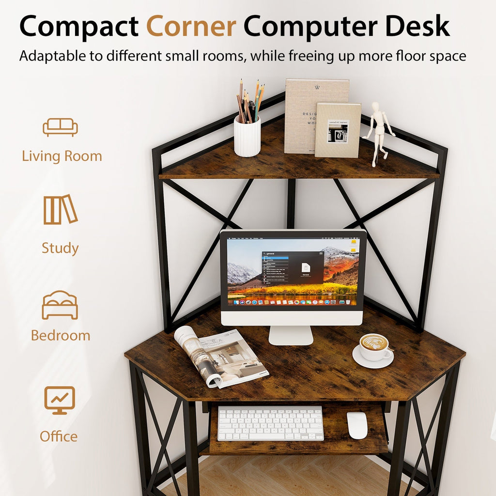 Space-Saving Corner Computer Desk with with Hutch and Keyboard Tray