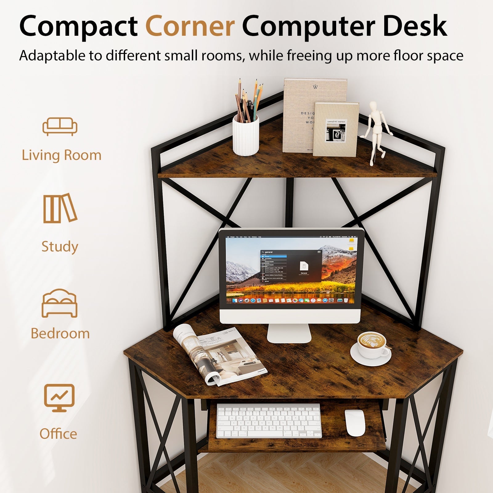 Space-Saving Corner Computer Desk with with Hutch and Keyboard Tray