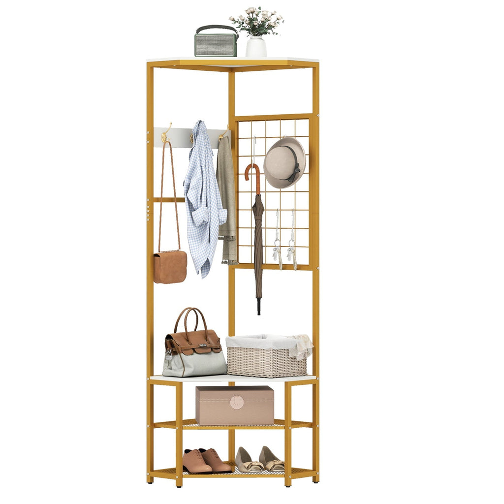 Corner Hall Tree Freestanding Coat Rack with Storage Shelves Removable Hooks