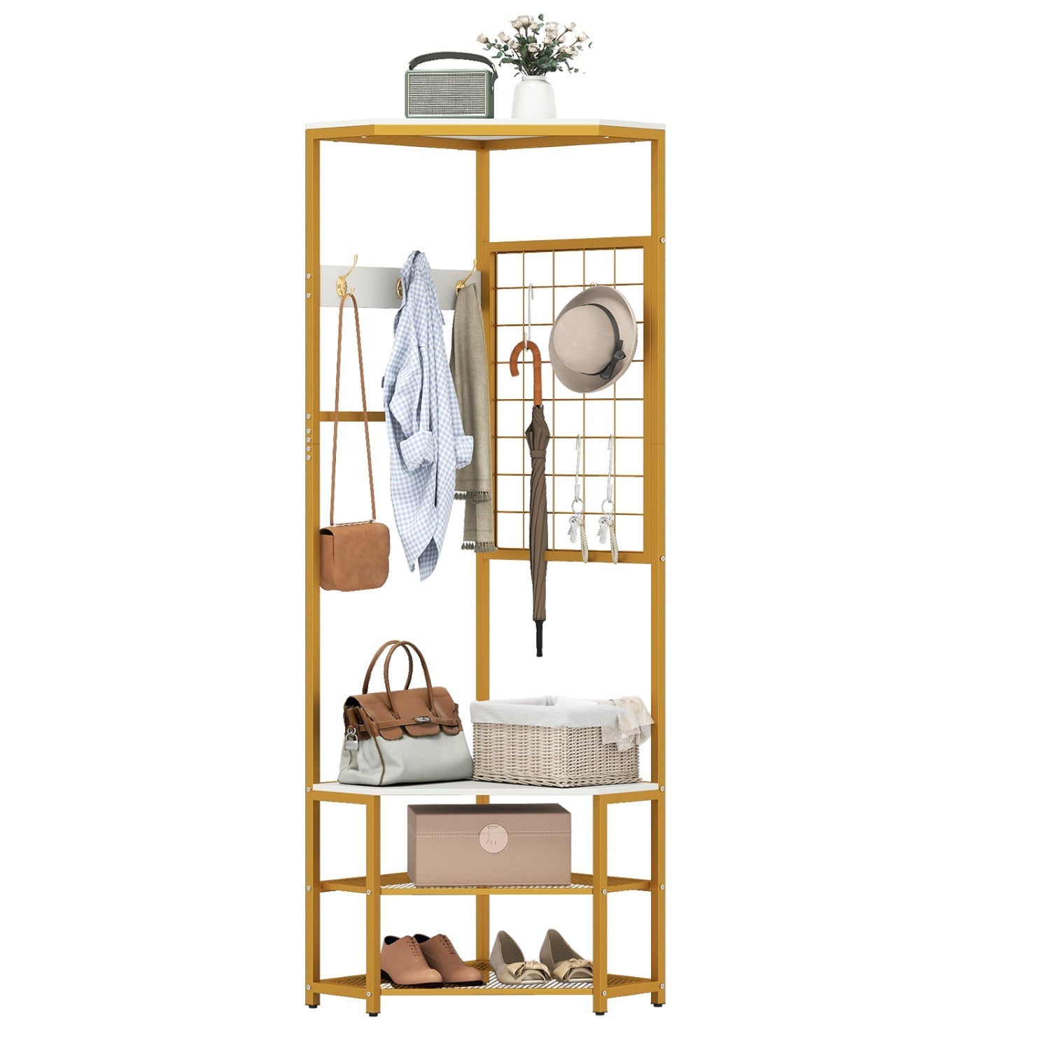 Corner Hall Tree Freestanding Coat Rack with Storage Shelves Removable Hooks