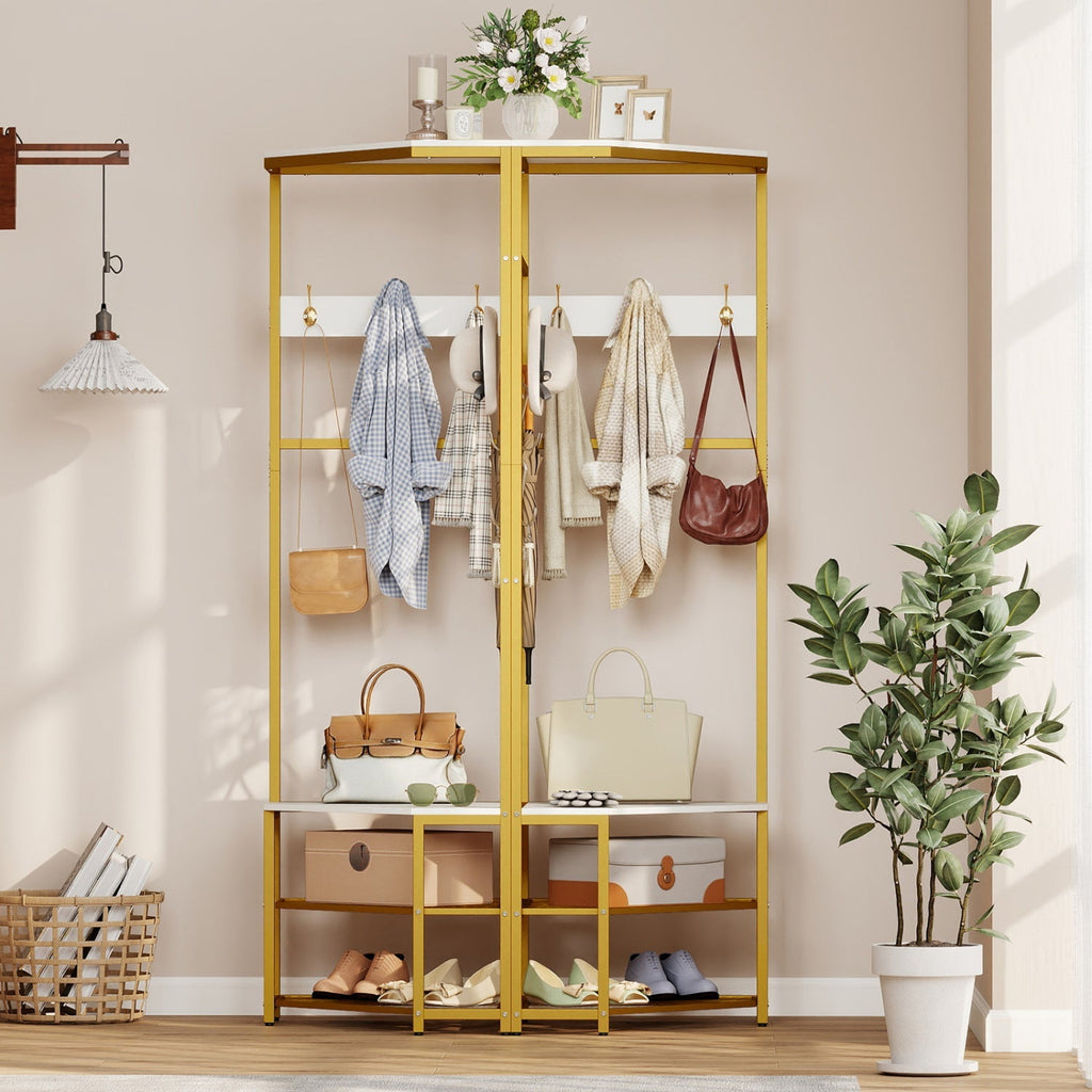 Corner Hall Tree Freestanding Coat Rack with Storage Shelves Removable Hooks