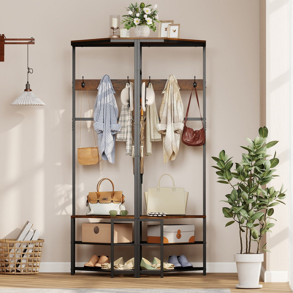 Corner Hall Tree Freestanding Coat Rack with Storage Shelves Removable Hooks