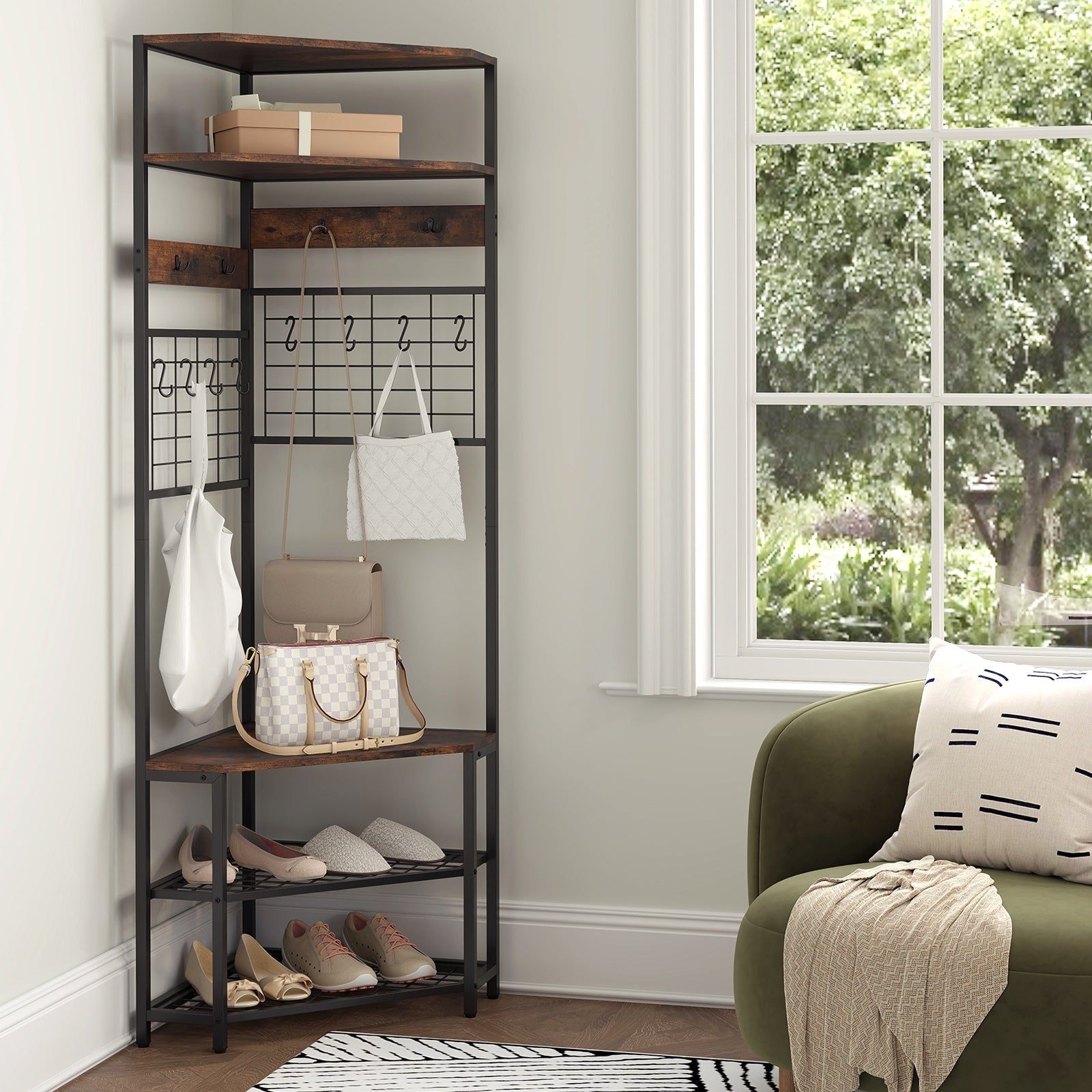 5-Tier Corner Hall Tree with Shoe Storage Bench