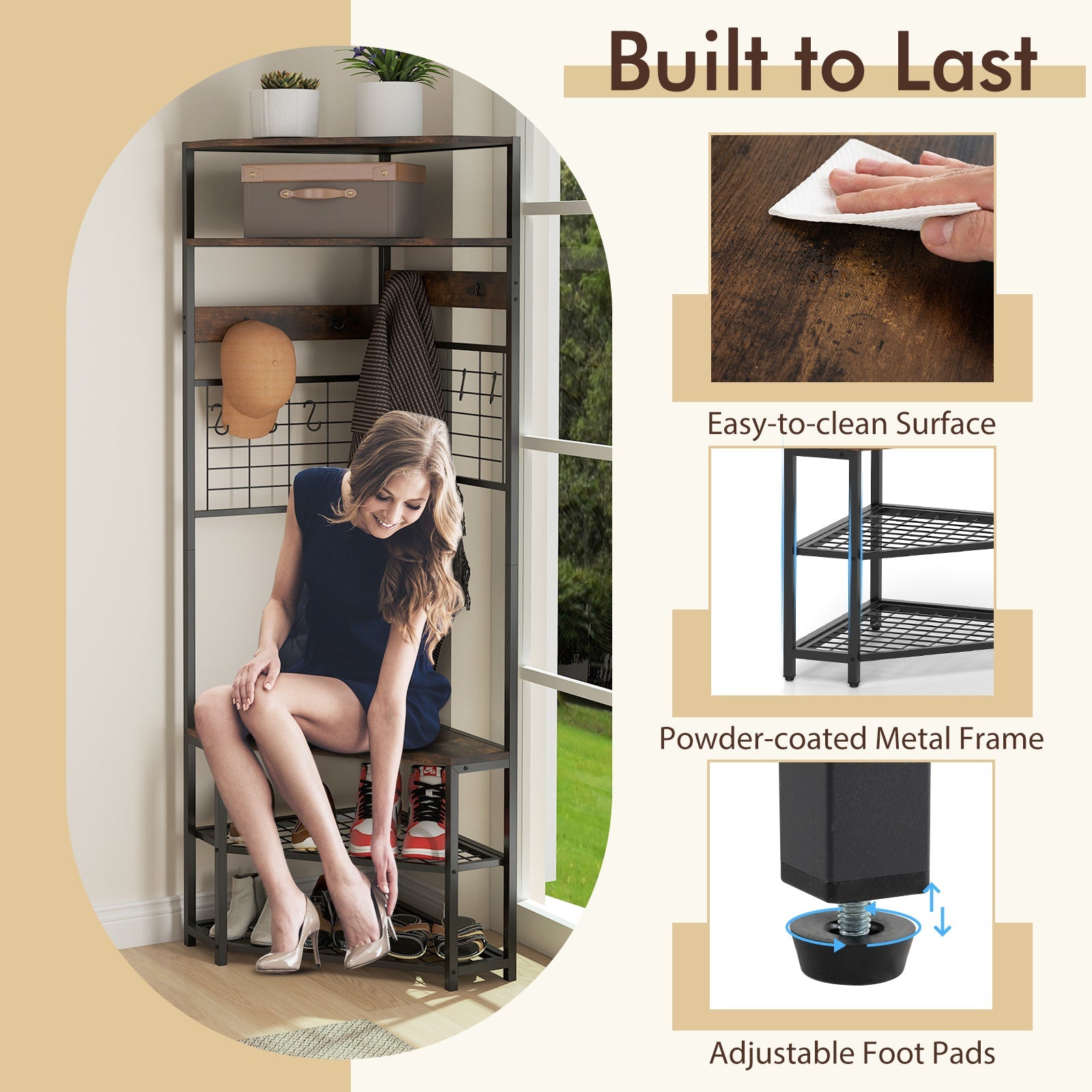 5-Tier Corner Hall Tree with Shoe Storage Bench