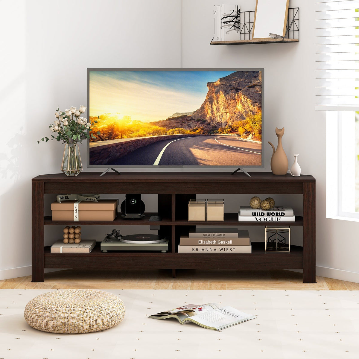 Corner TV Stand with Power Outlet and 4 Open Storage Shelves