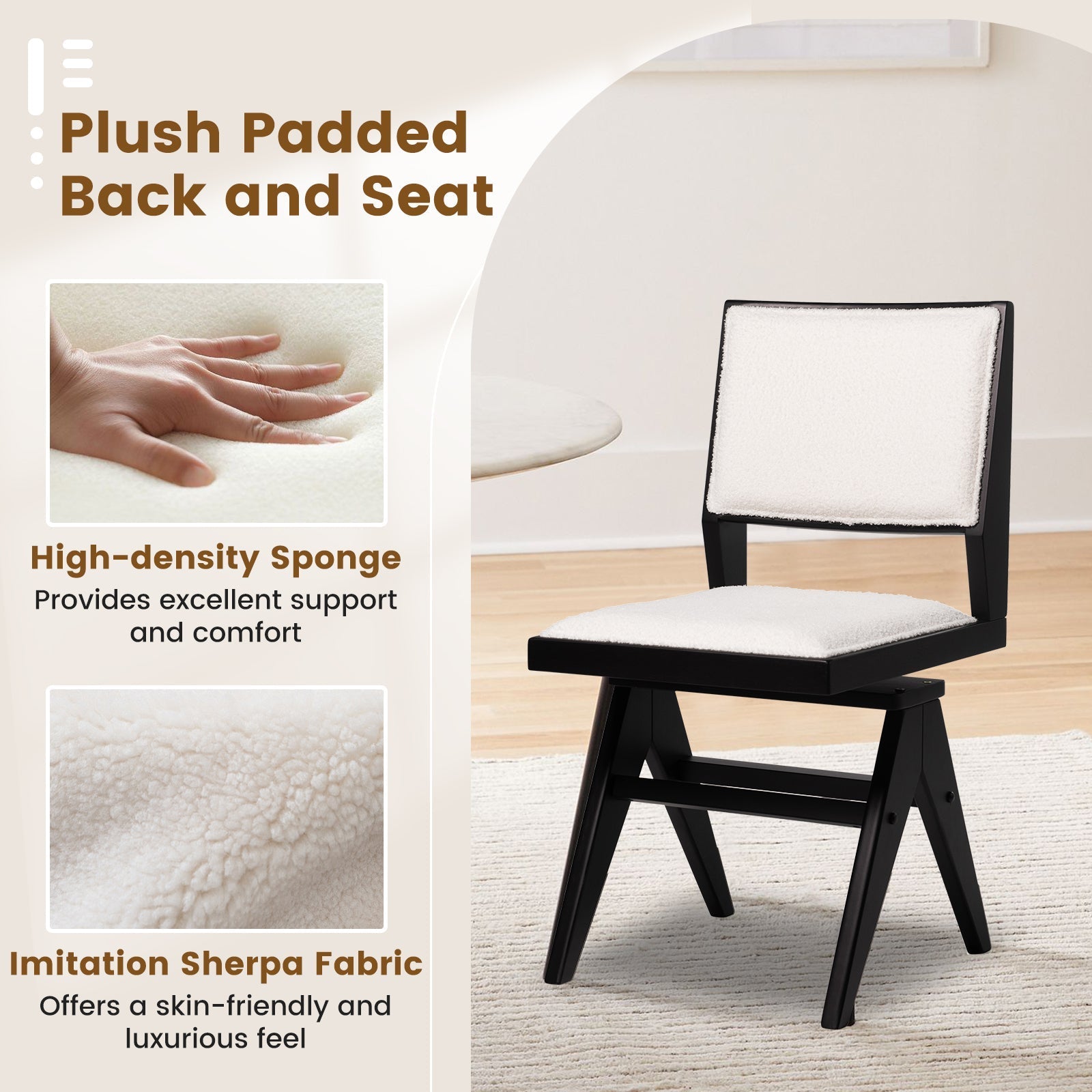 Swivel Wooden Dining Chair Set of 2 with Rubber Wood Frame and Padded Seat-Black