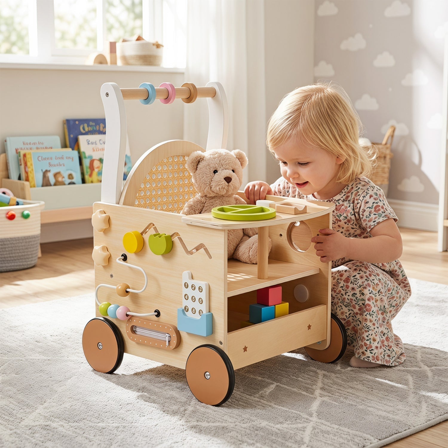Wooden Push Walker 13-in-1 Activity Center with Storage