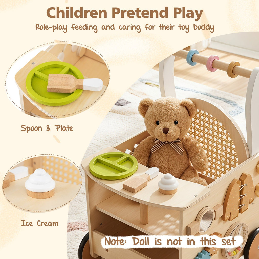 Wooden Push Walker 13-in-1 Activity Center with Storage