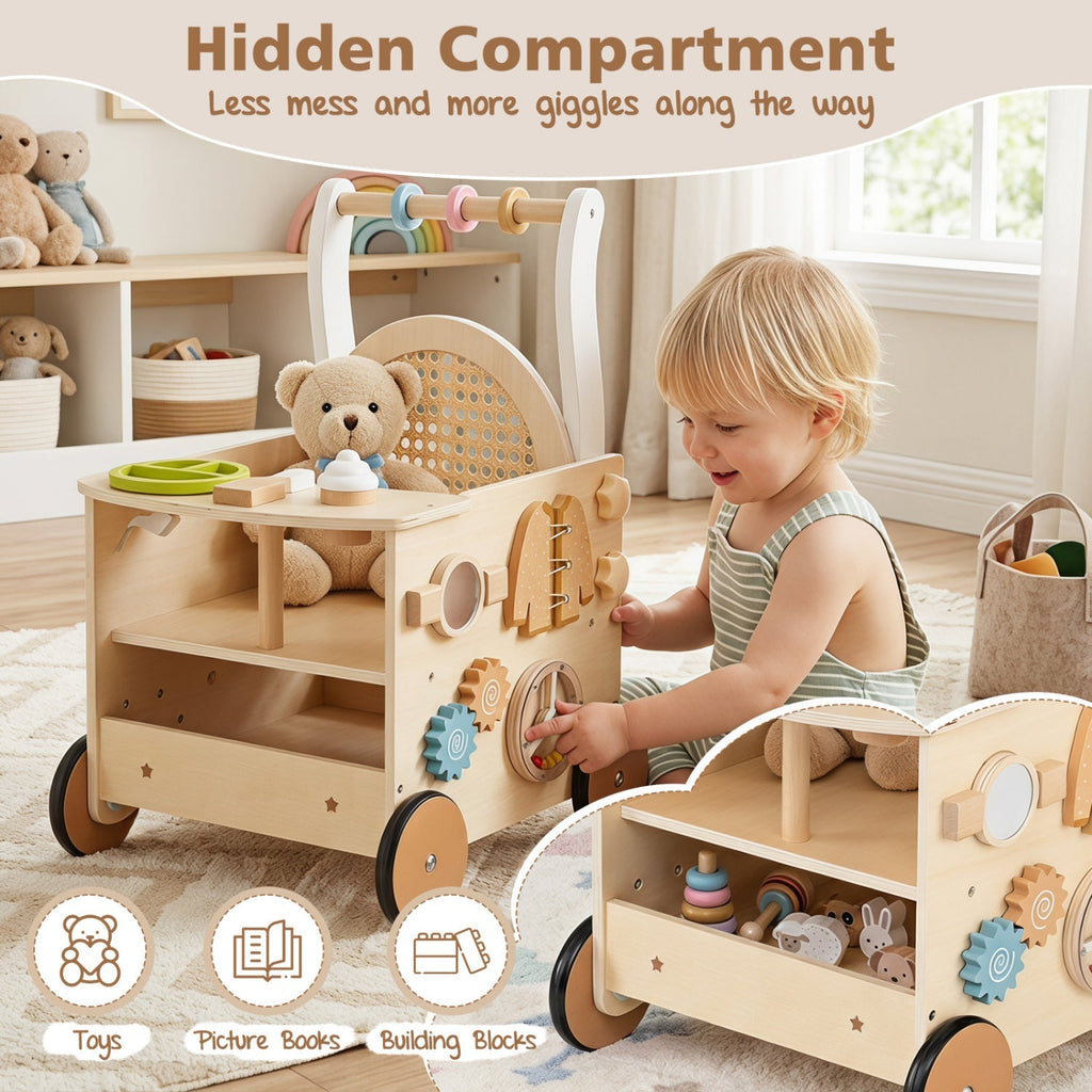 Wooden Push Walker 13-in-1 Activity Center with Storage