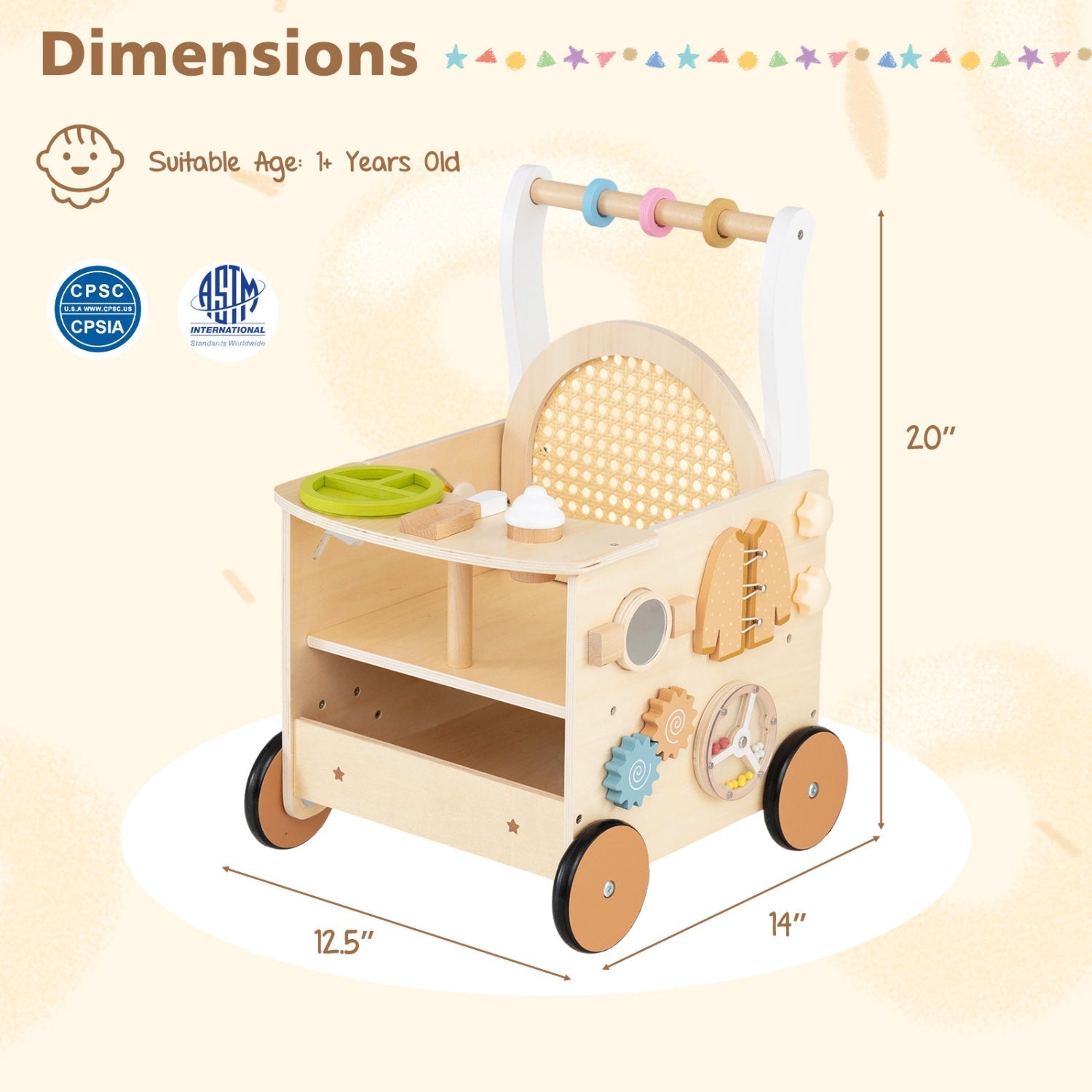 Wooden Push Walker 13-in-1 Activity Center with Storage