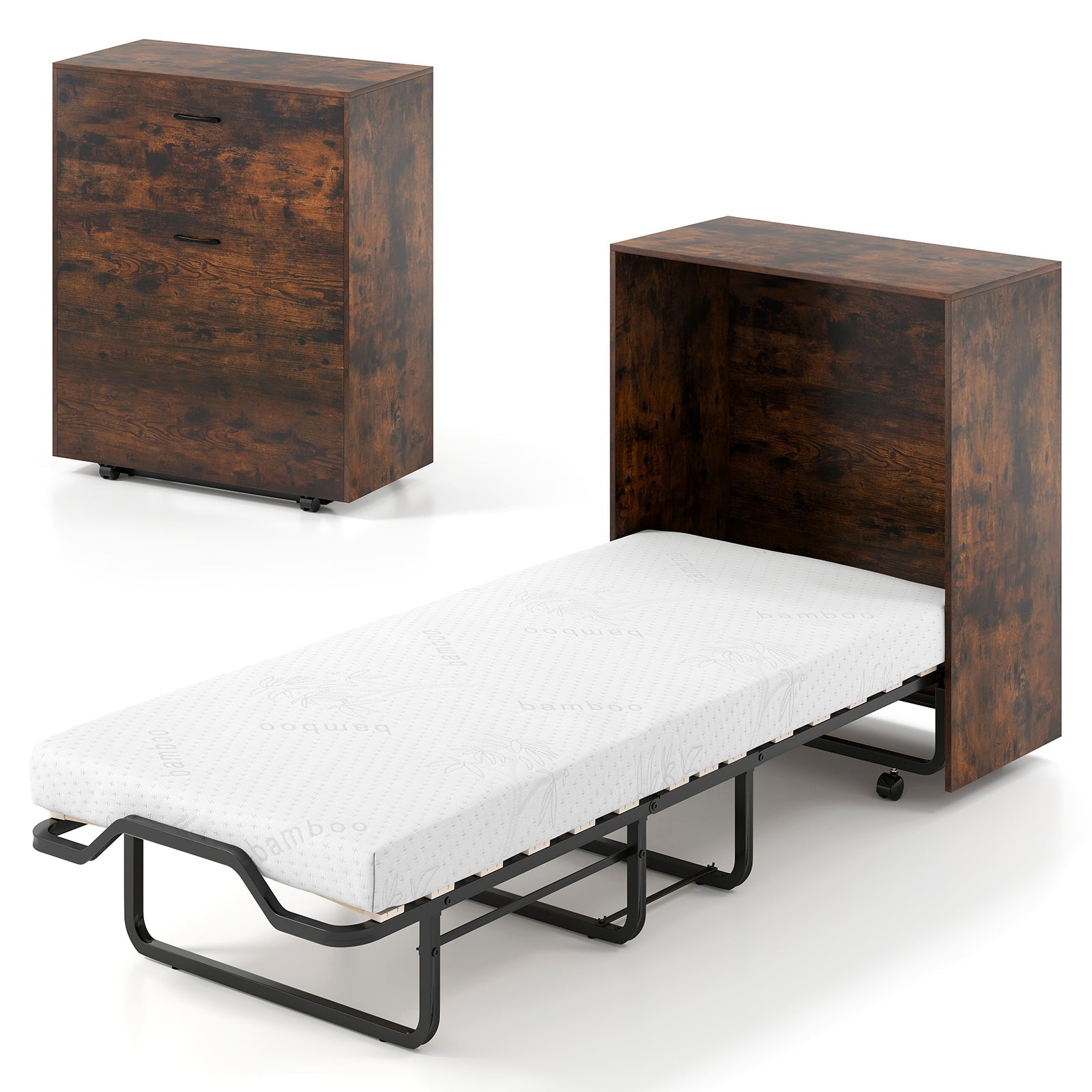 Cot Size Murphy Bed with Foldable Bed and Lockable Wheels