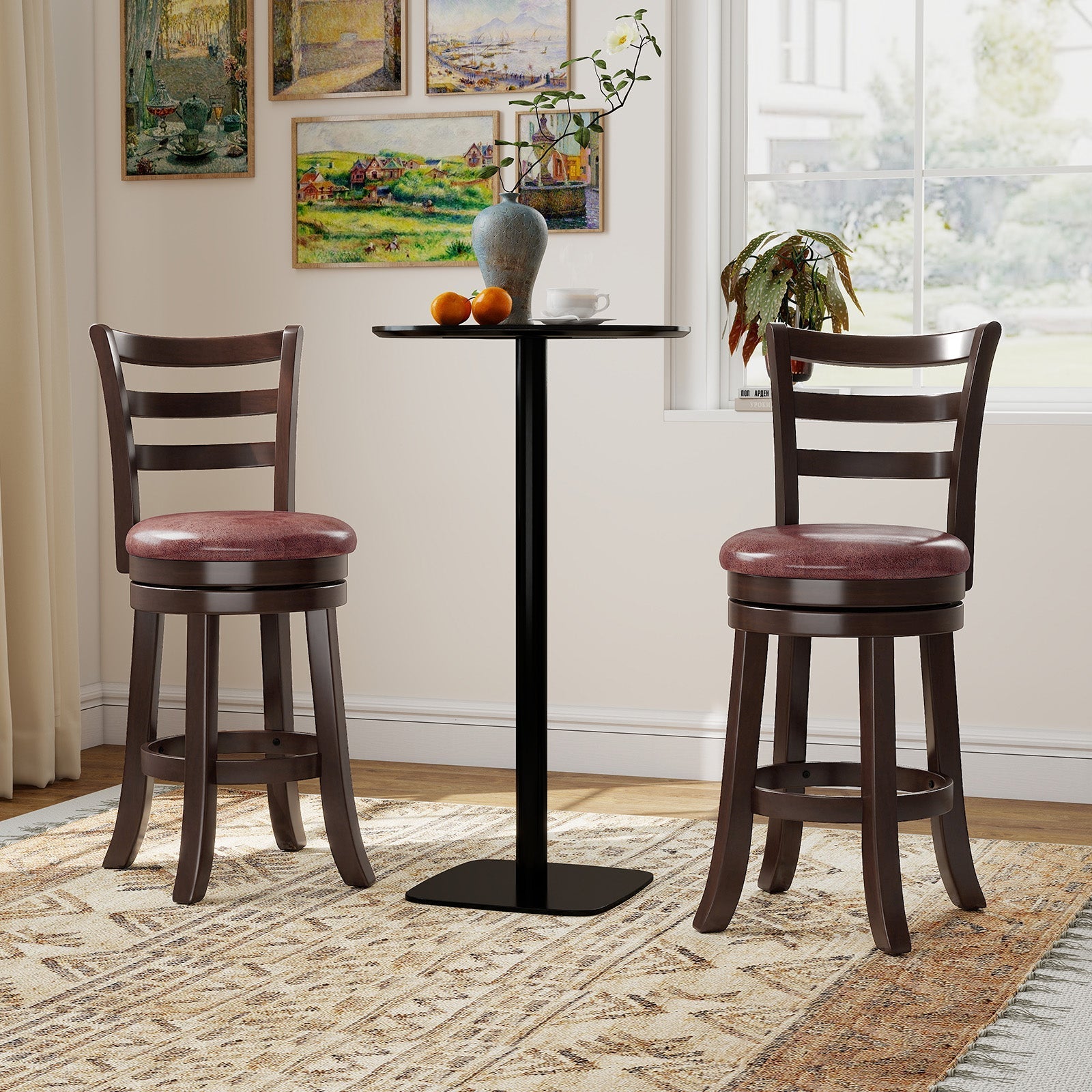 Counter Height Swivel Barstools Set of 2 with Faux Leather Seat and Wrap-around Footrest