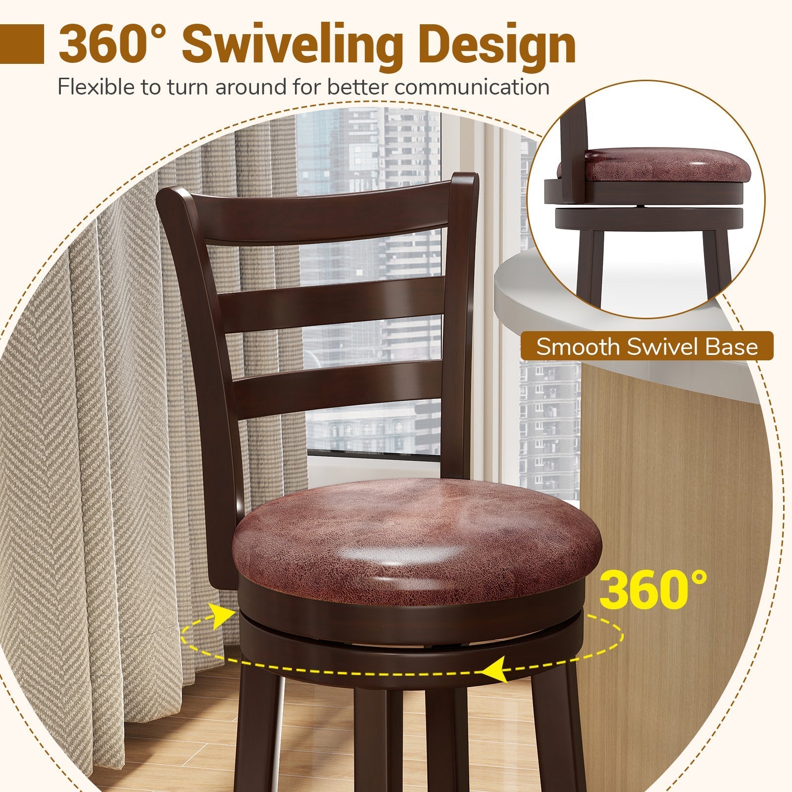 Counter Height Swivel Barstools Set of 2 with Faux Leather Seat and Wrap-around Footrest