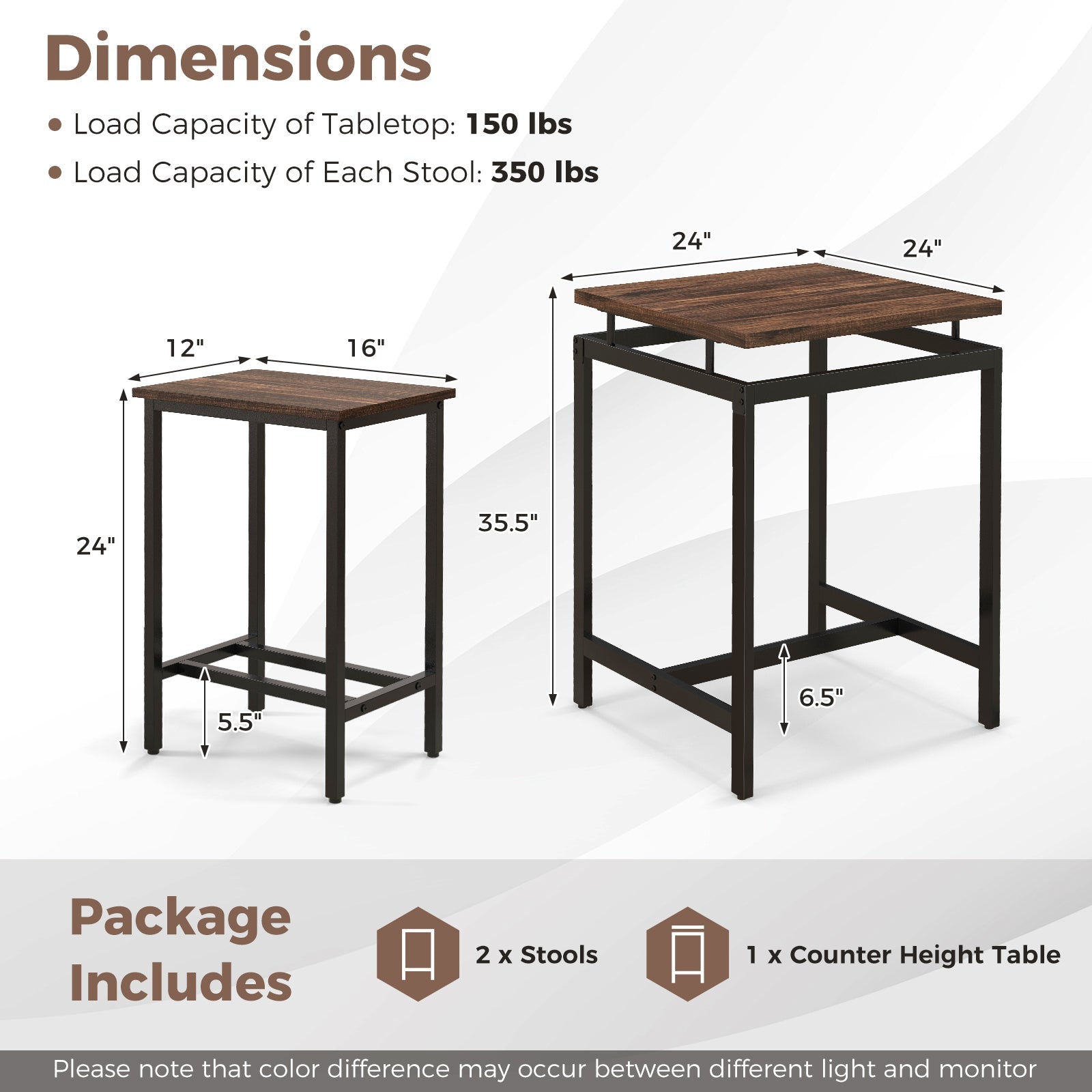 3 Pieces Pub Dining Table Set with Floating Tabletop and Footrest-Rustic Brown