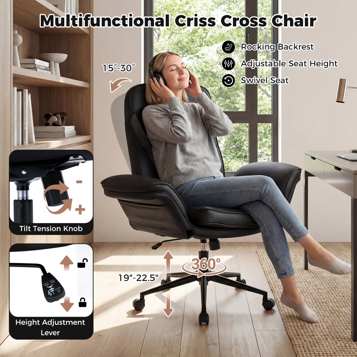 Criss Cross Chair Adjustable Swivel Vanity Chair with 5-Position Armrests