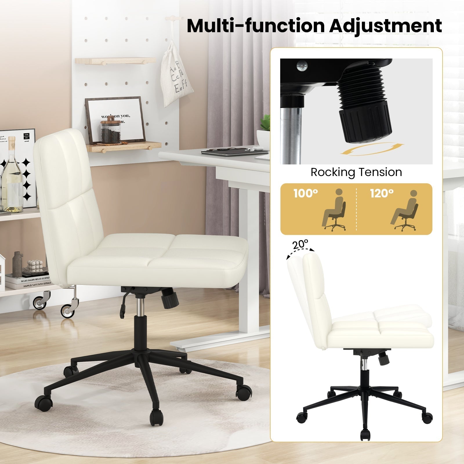 Height-adjustable Armless Desk Chair with Wheels for Home Office Make Up