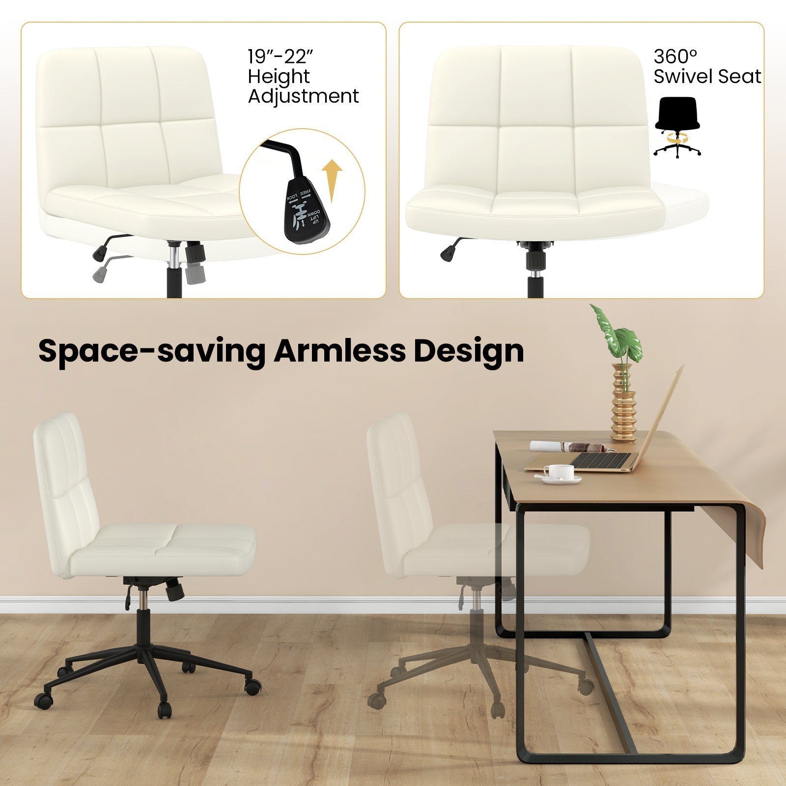 Height-adjustable Armless Desk Chair with Wheels for Home Office Make Up