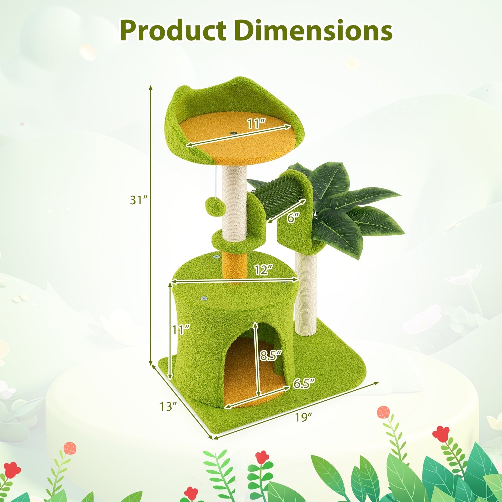 Cute Palm Cat Tree for Indoor Cats with Artificial Leaves-Green