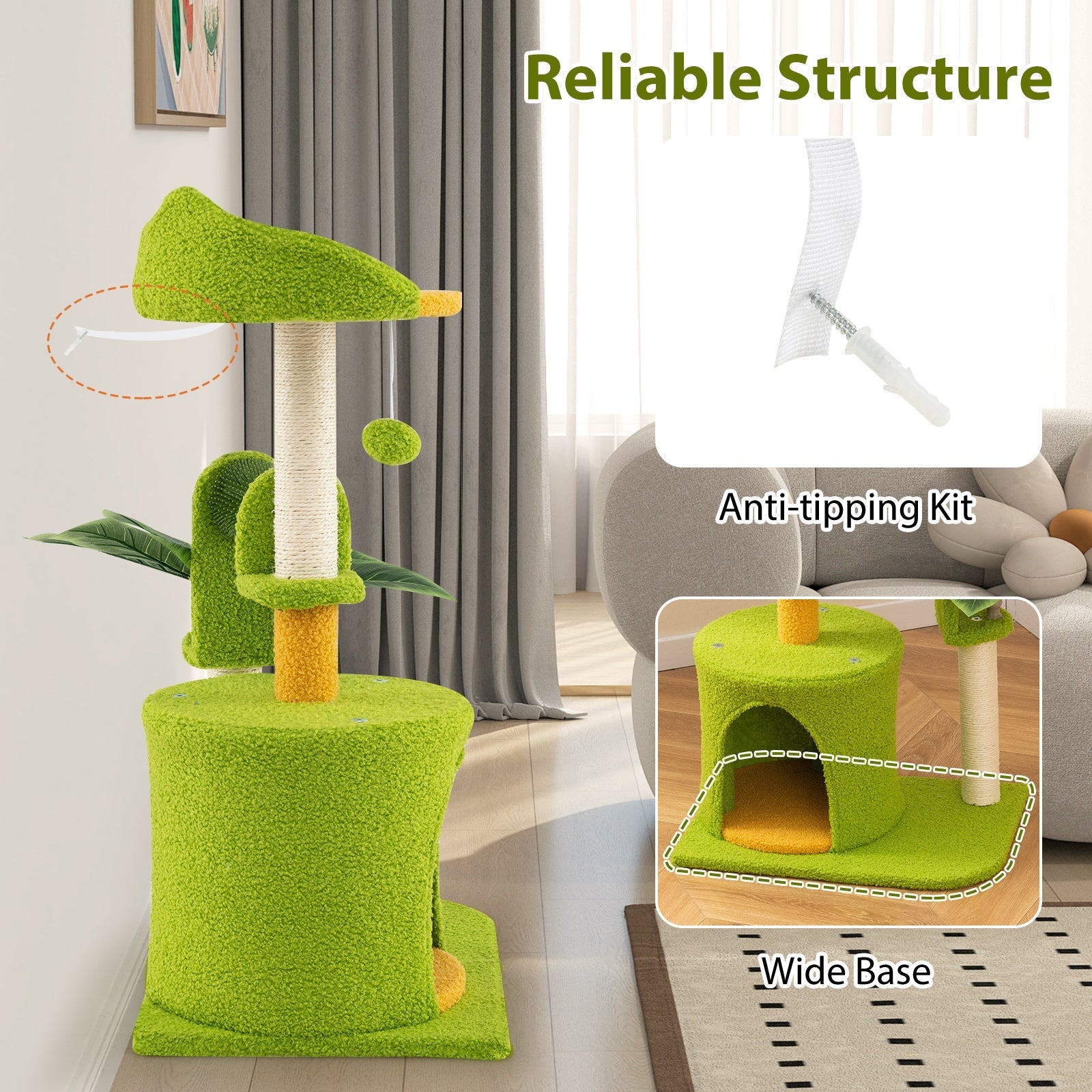 Cute Palm Cat Tree for Indoor Cats with Artificial Leaves-Green