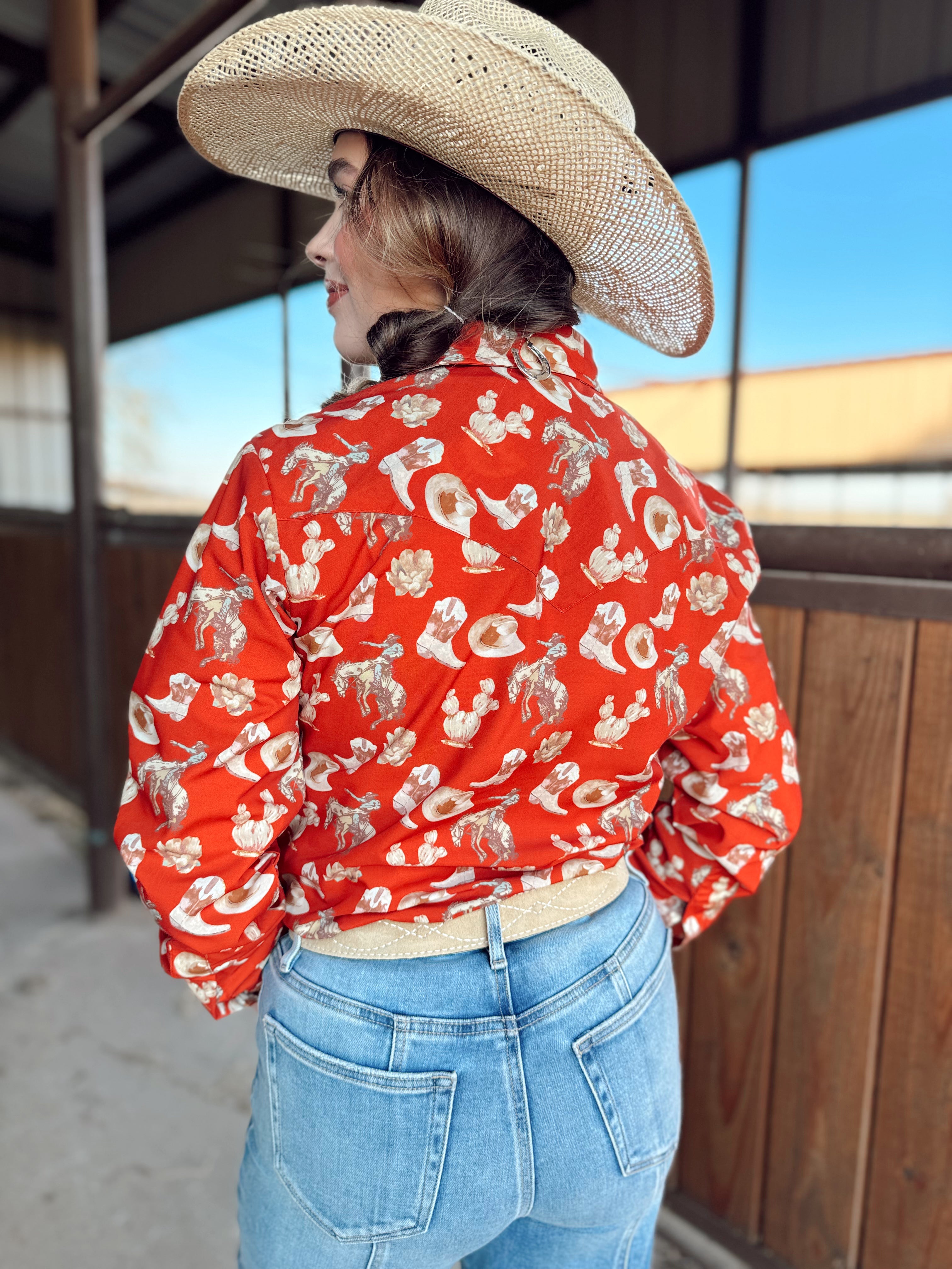 The Red Cactus Pearl Snap Top