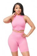 Seamless Front Waist Back Tie Top and Shorts Set