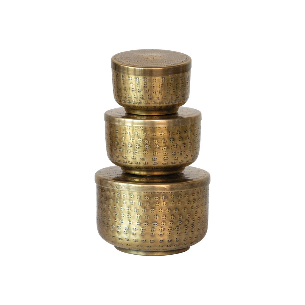 Antique Brass Hammered Aluminum Container with Lid
