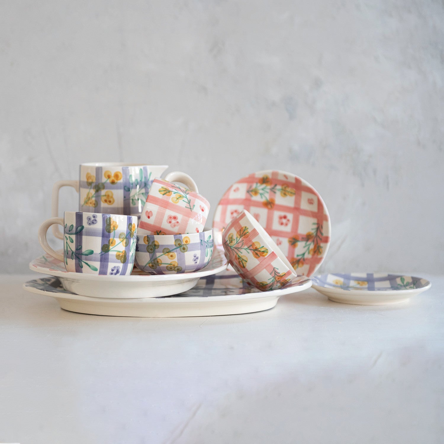 Hand-Painted Grid Botanical Ceramic Mug