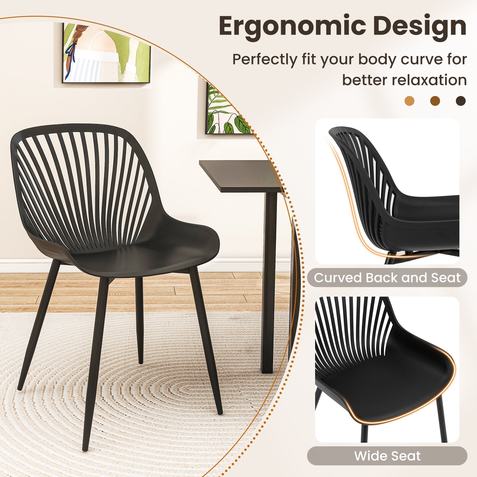 Modern Kitchen Chairs with Metal Legs Cutout Backrest Curved Seat for Dining Room Home Office-Black