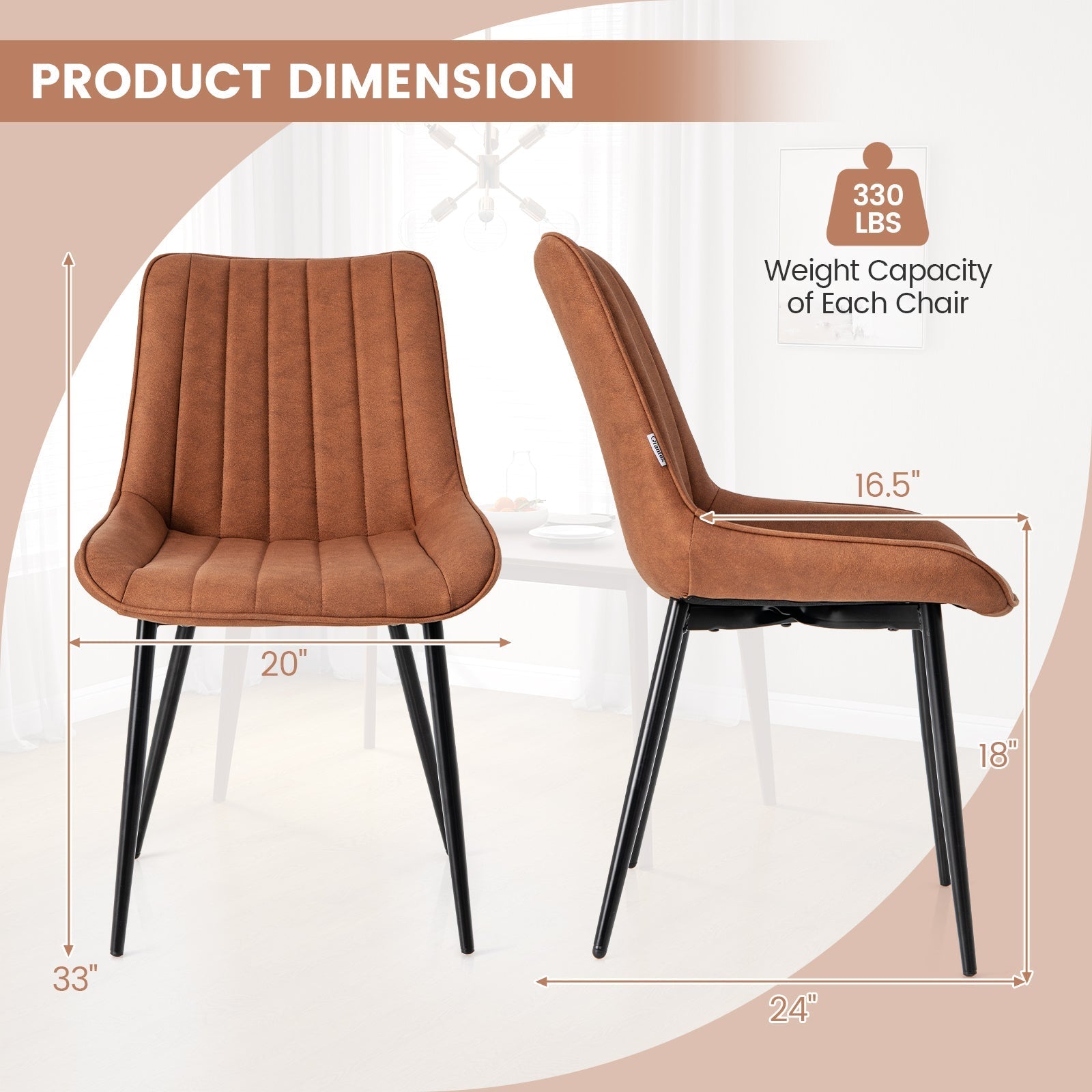 Faux-Leather Fabric Dining Chair Set of 2 with Metal Legs and Padded Seat