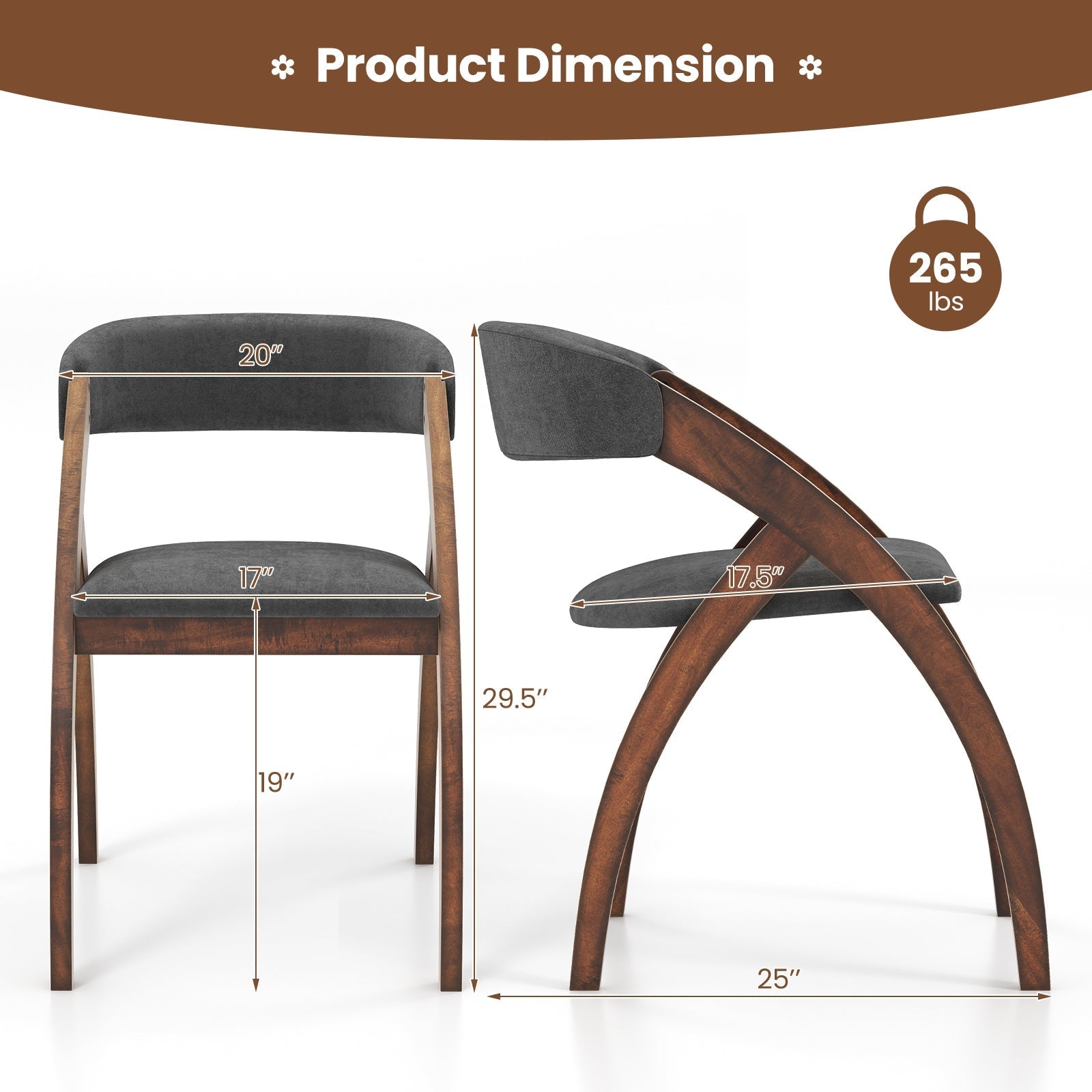 Dining Chair Set of 2 with Padded Cushion and Curved Back for Living Room-Walnut