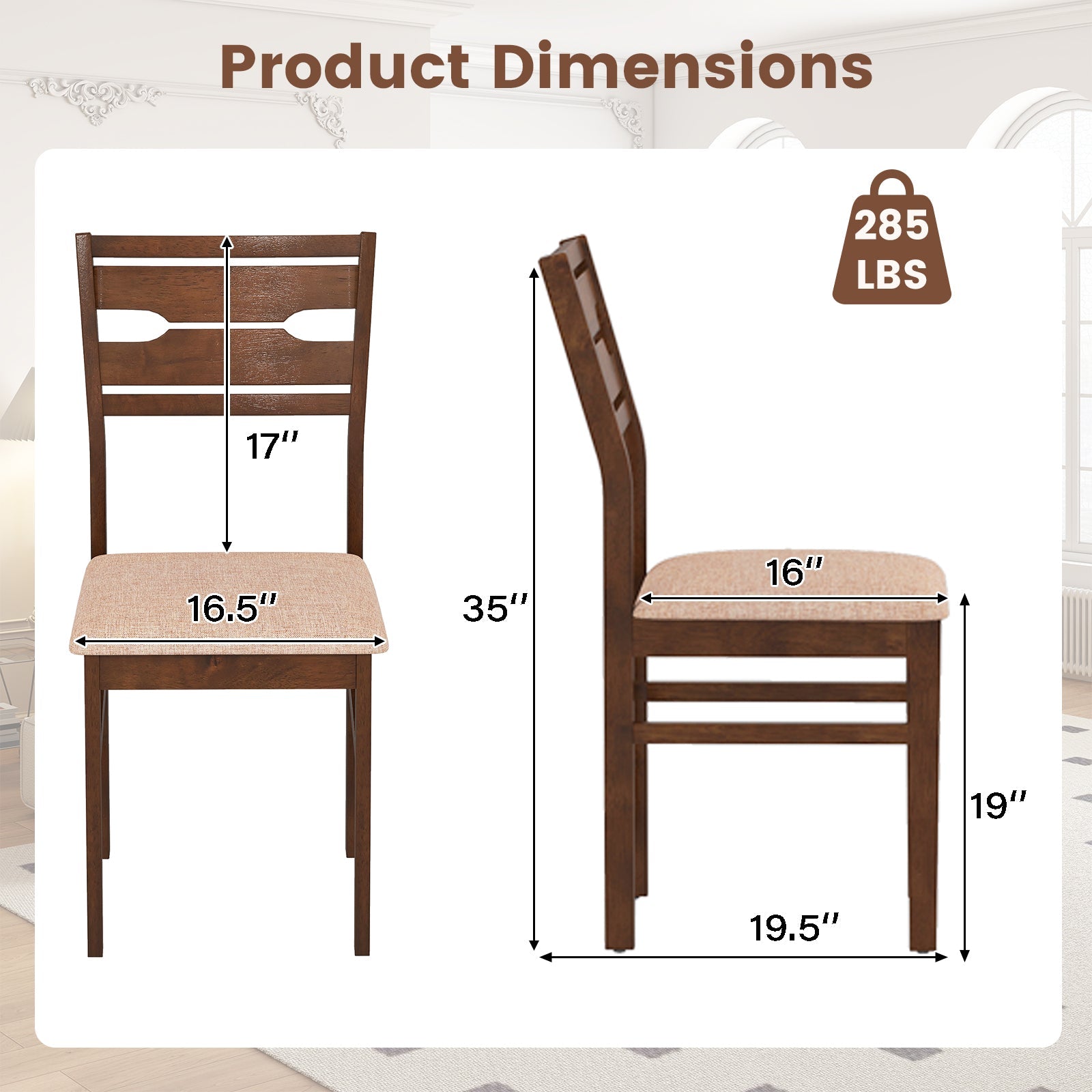 Dining Chair Set of 2/4 with Rubber Wood Frame and Padded Seat