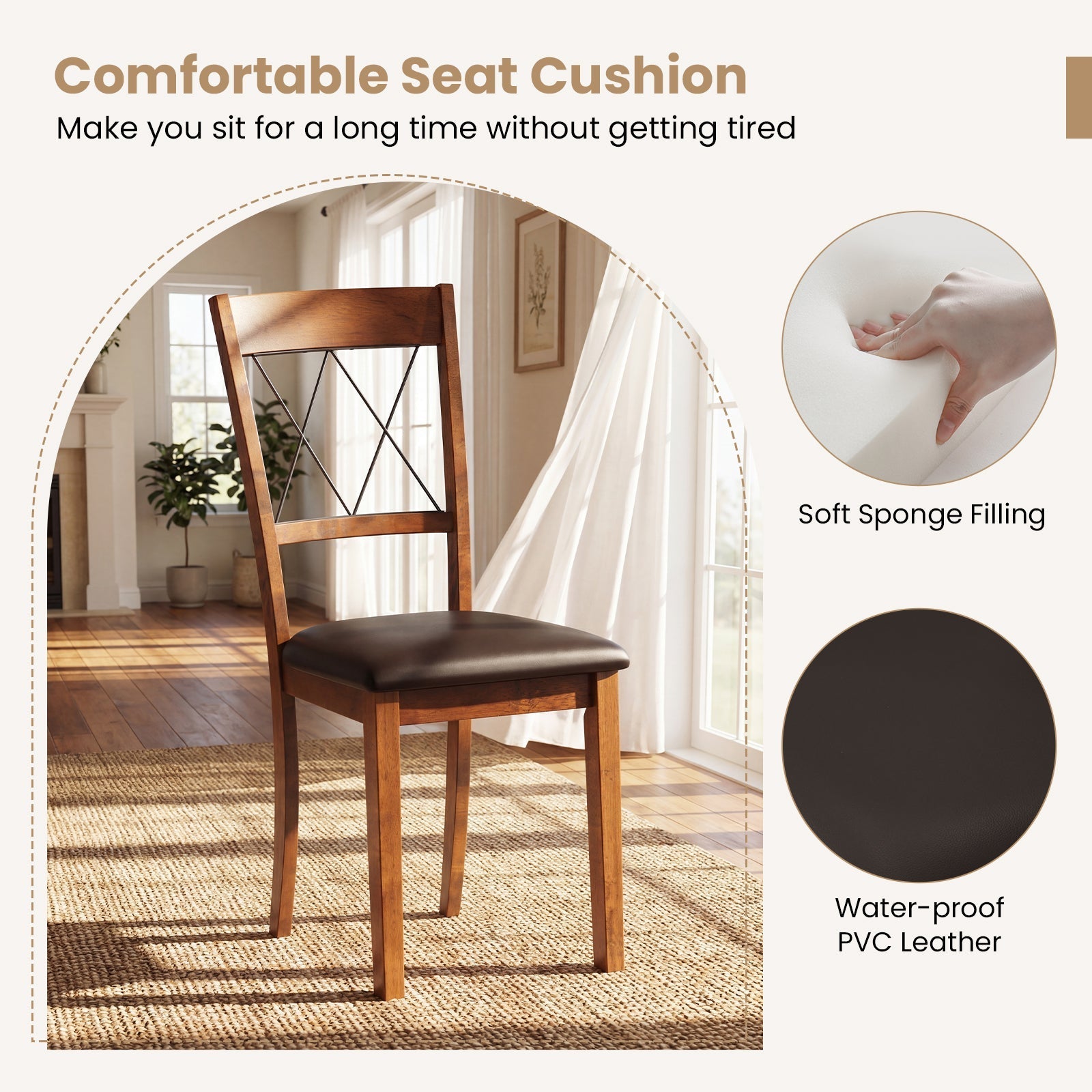Dining Chair Set of 2 Fabric Upholstered Kitchen Armless Chairs with Rubber Wood Frame-Walnut