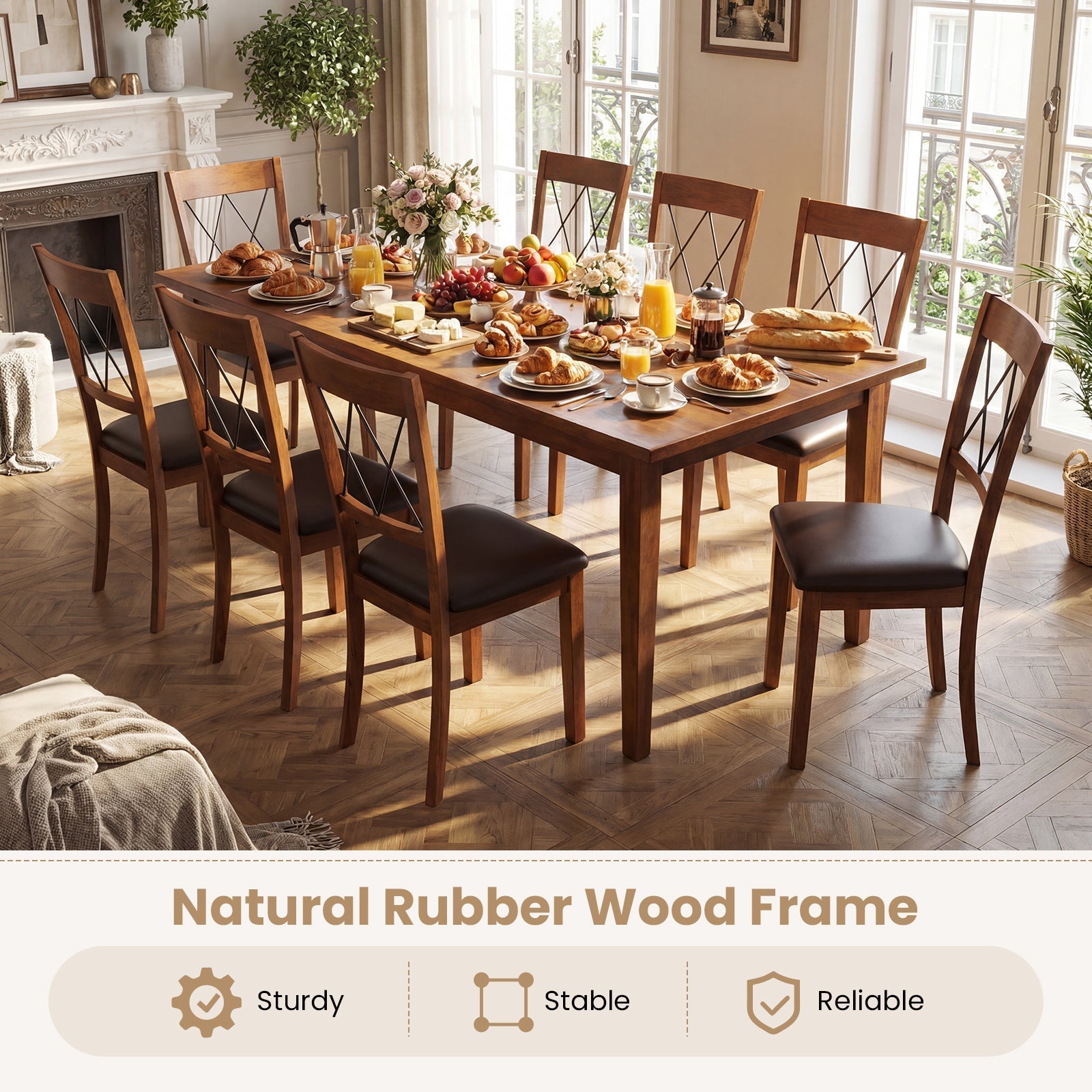 Dining Chair Set of 2 Fabric Upholstered Kitchen Armless Chairs with Rubber Wood Frame-Walnut