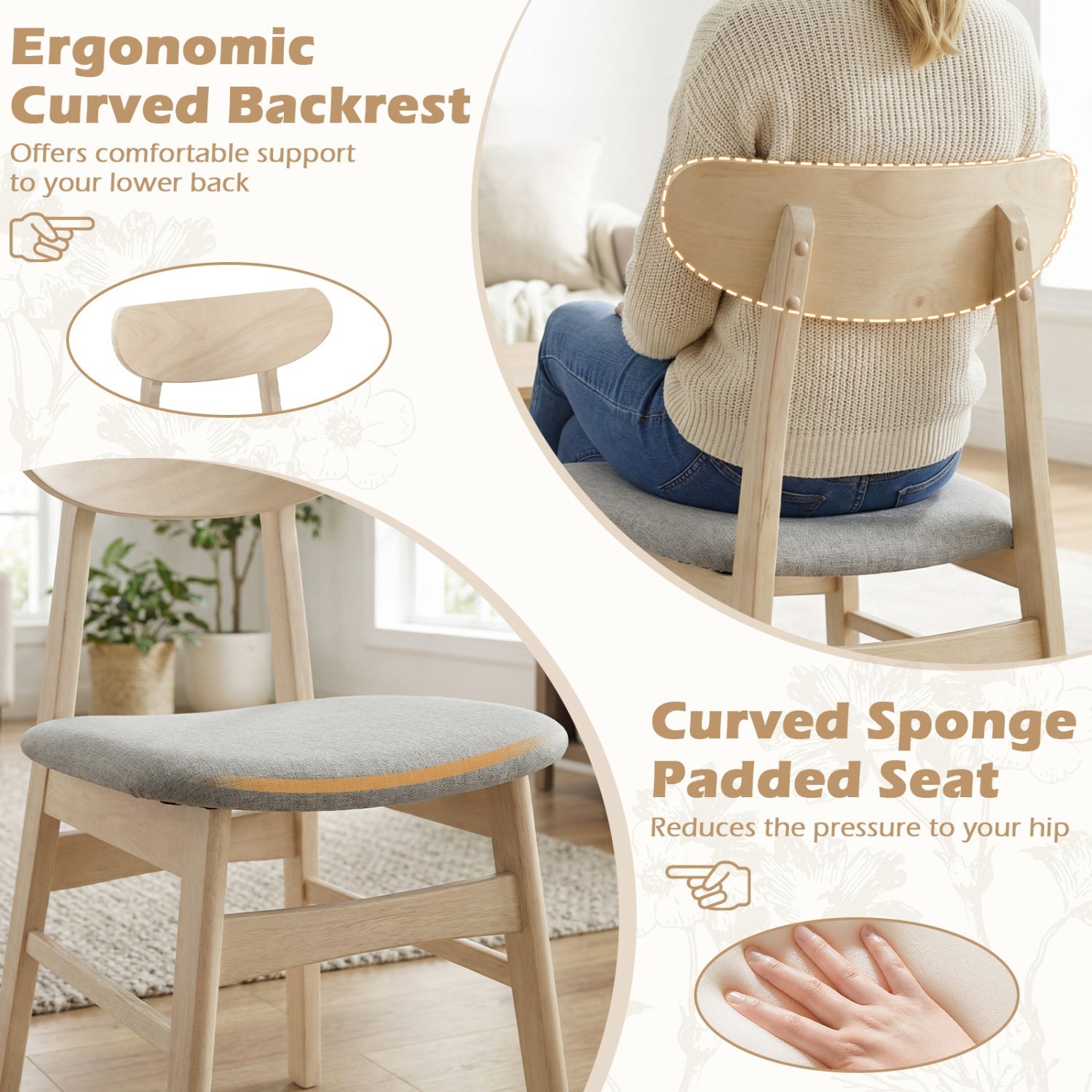 Dining Chair Set of 2 Fabric Upholstered Kitchen Armless Chairs-Natural